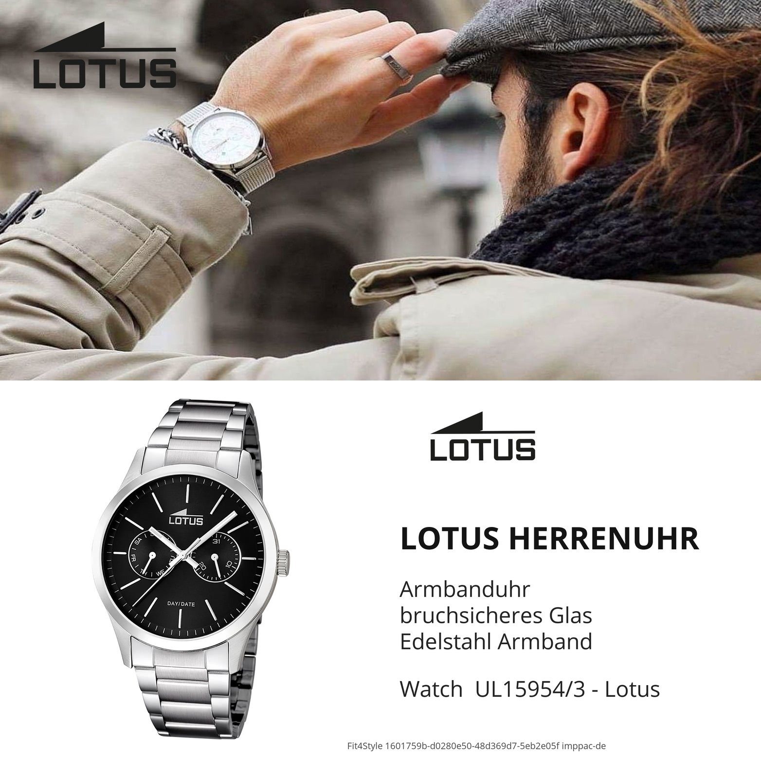 Lotus Quarzuhr Lotus Stahl Herren Ele rundes 42,1mm), L15954/3, Edelstahlarmband, groß Herrenuhr mit Uhr (ca. Gehäuse