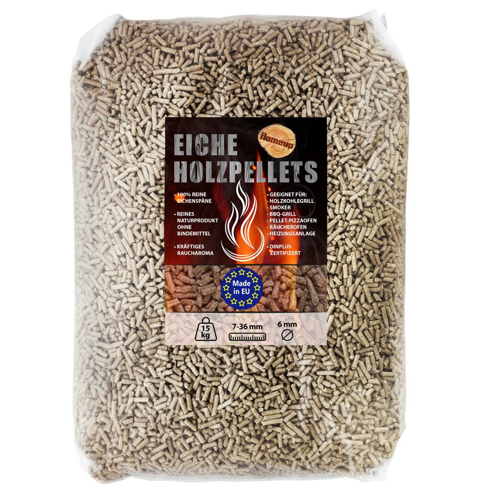 Flameup Holzpellets Eiche Pellets 15 kg 30 kg Grill Smoker Pizzaofen BBQ Holz Grillen, 15 kg