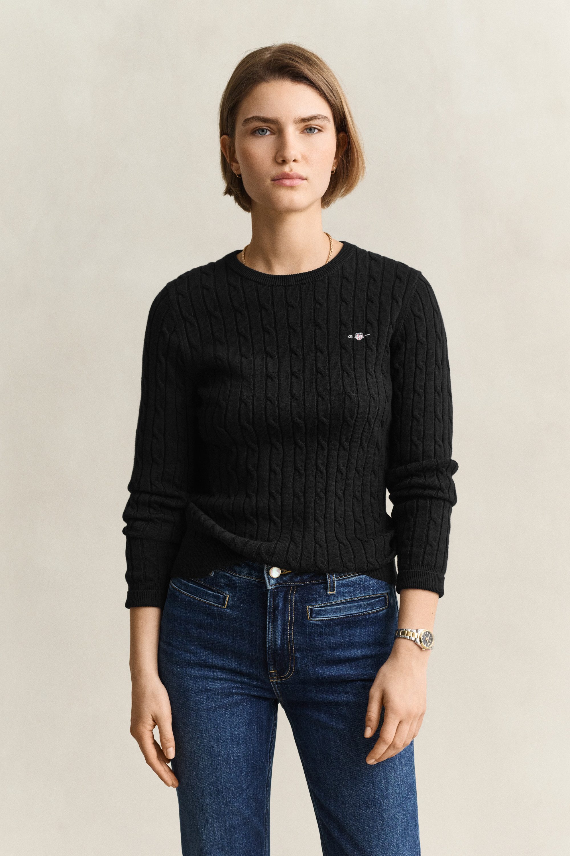 Gant Strickpullover STRETCH COTTON CABLE C-NECK mit Logostickerei auf der Brust