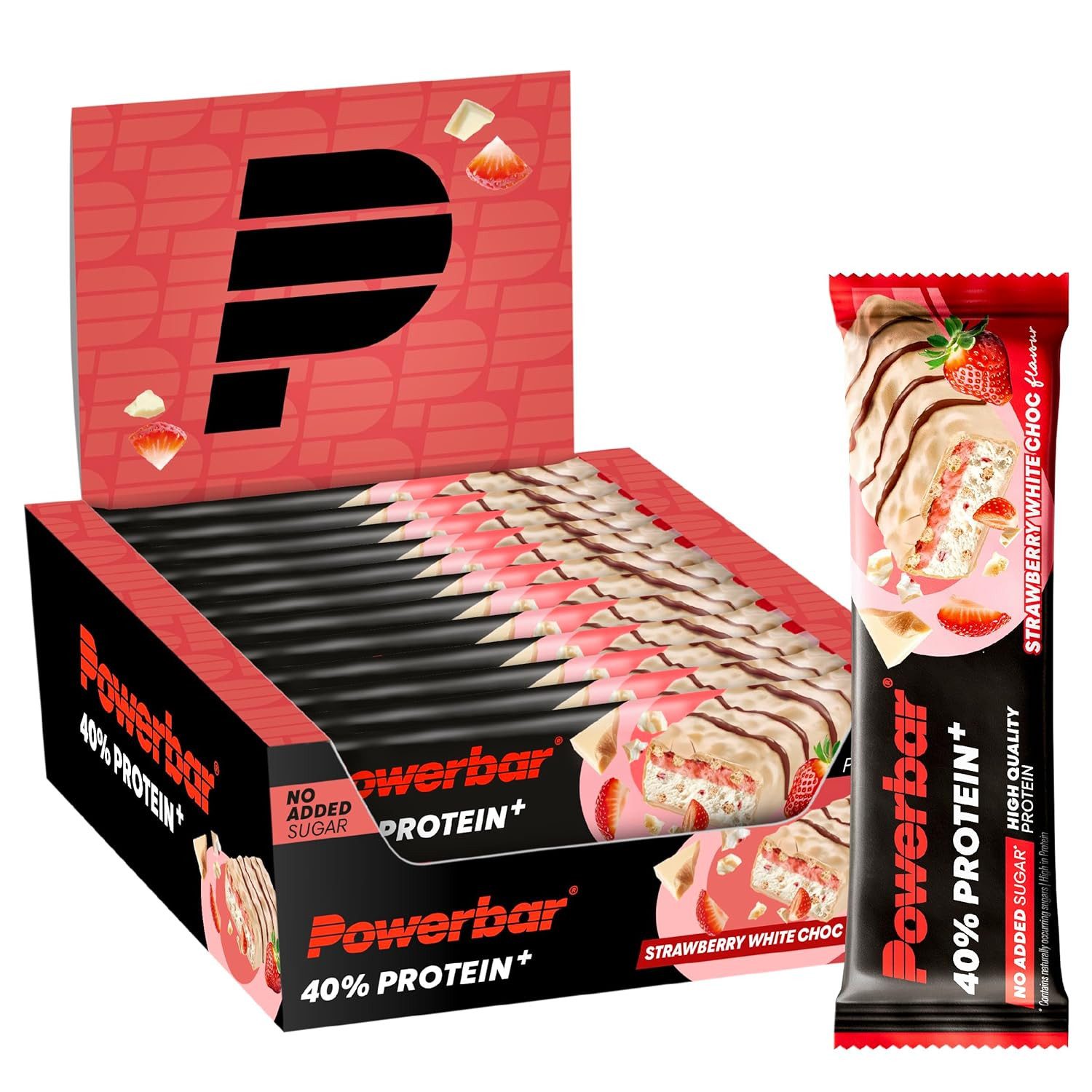 PowerBar 40% Protein + Strawberry White Choc Crisp High Protein Riegel 12x 40 g Riegel, 12 er Display à 480 g, 16g Eiweiß pro Riegel