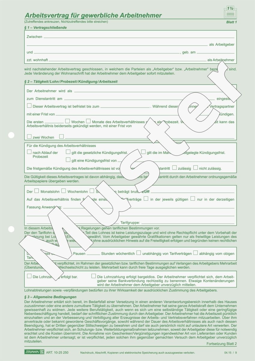 Formularblock Arbeitsvertrag gewerblich A4 2x2 Blatt selbstdurchschreibend