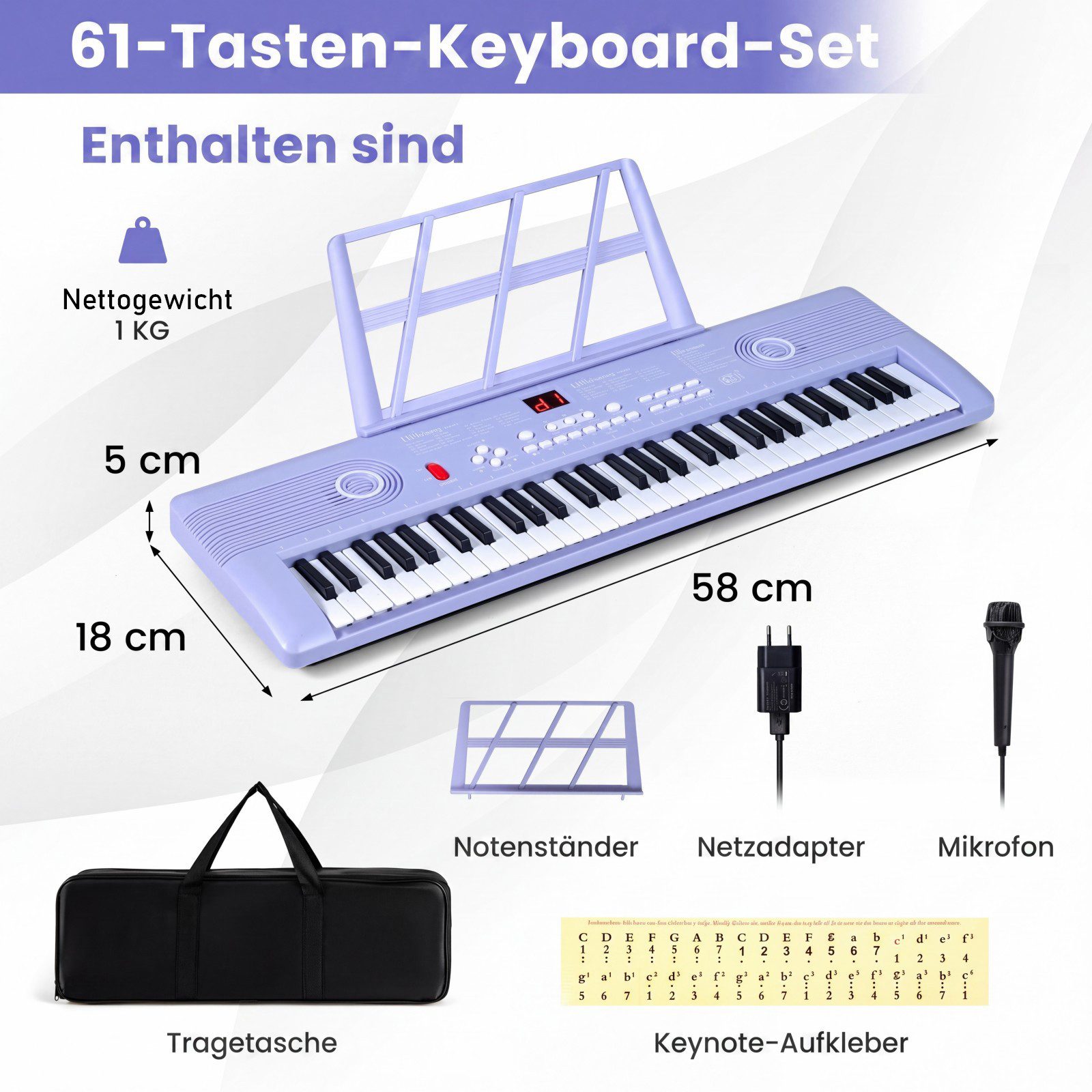 COSTWAY Home-Keyboard, Digital Piano, 61 Tasten, mit Ständer & Tragetasche, für Kinder