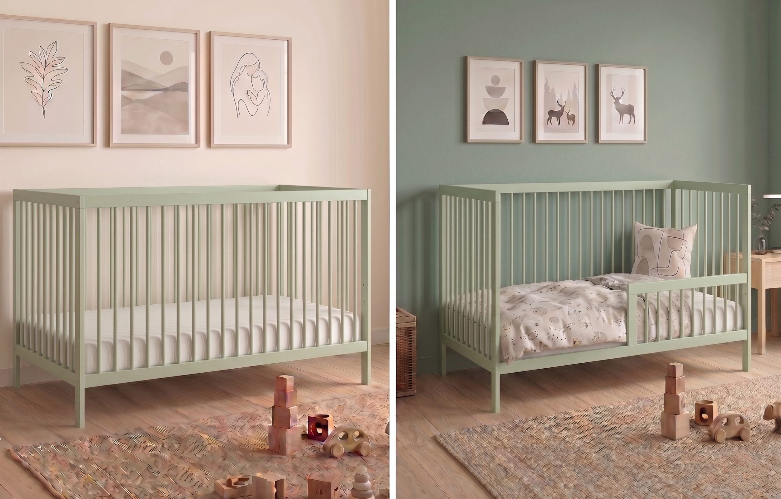 Kids Collective Babybett Kinderbett Gitterbett Baby Bett mit Rausfallschutz 60x120 70x140, stabiles Buchenholz, made in Europe 60x120 cm Grün