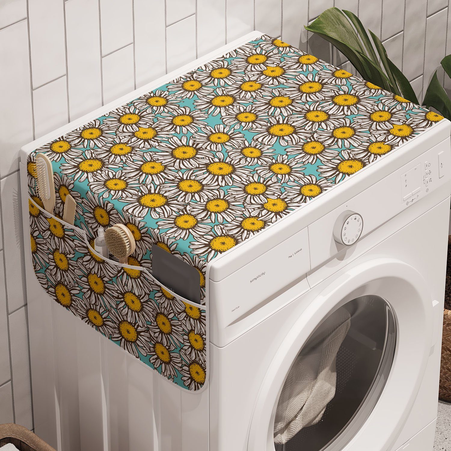 Abakuhaus Badorganizer Anti-Rutsch-Stoffabdeckung für Waschmaschine und Trockner, Gelb und Weiß Sketch Gänseblümchen | Bad-Organizer