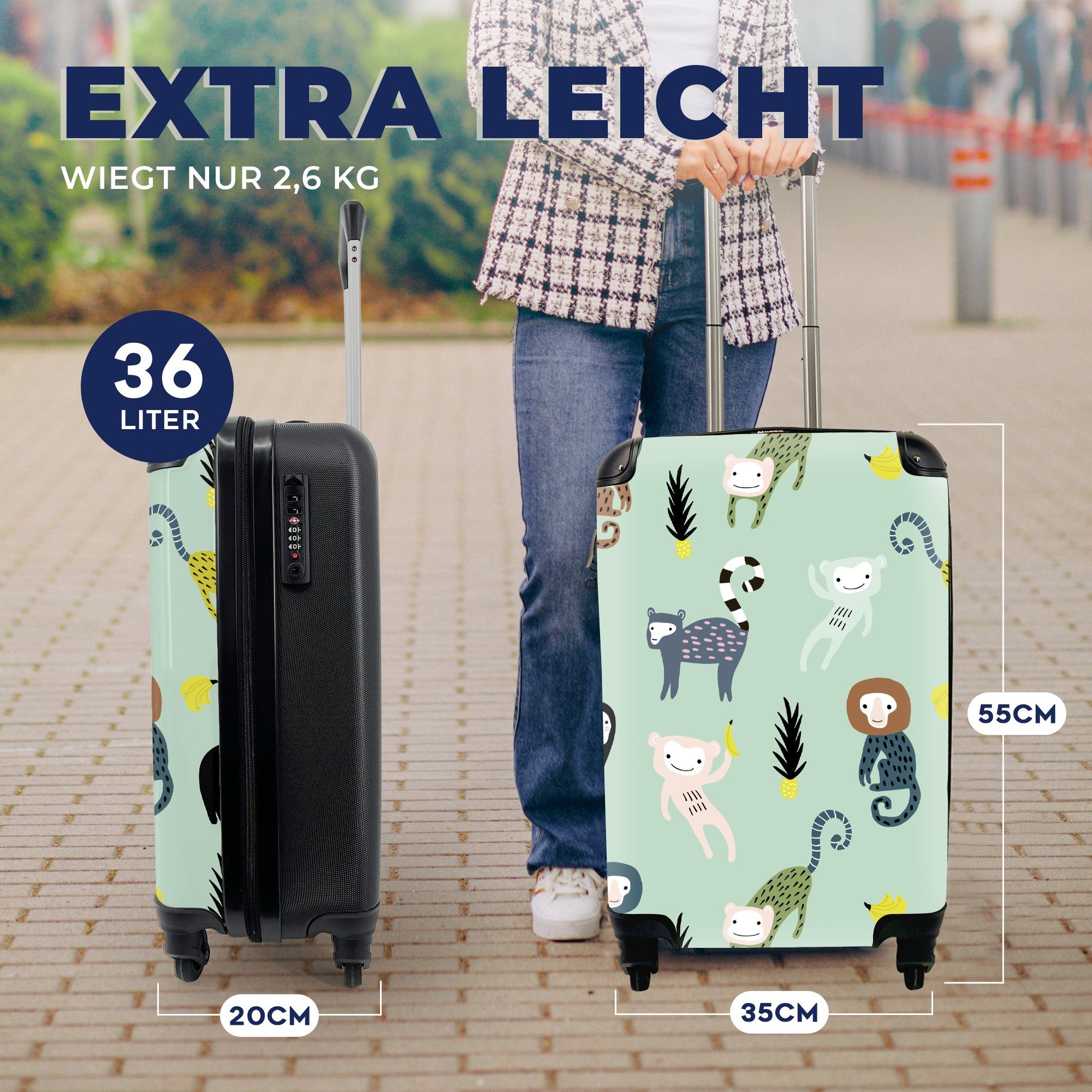 Handgepäck mit Ferien, 4 Trolley, Rollen, Reisekoffer - Handgepäckkoffer für rollen, Grün, Banane - Reisetasche Affe MuchoWow