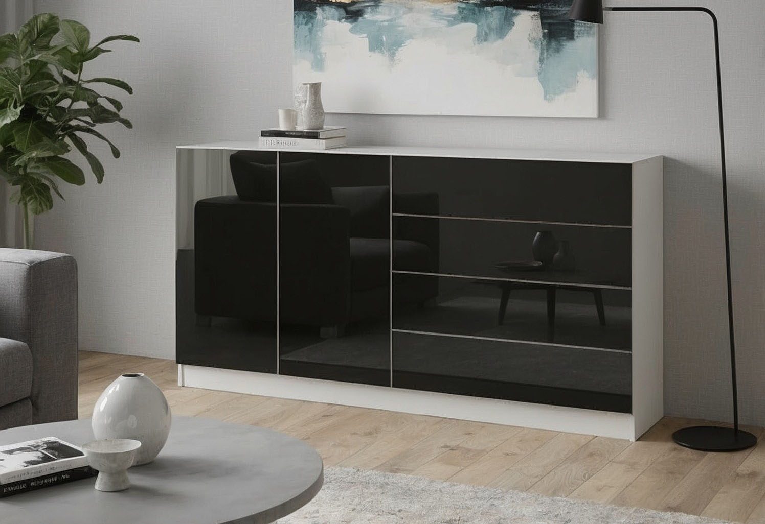 borchardt Möbel Sideboard Vaasa, Kommode mit 2 Türen und 4 Schubkästen auf Kugelführungen, Breite 152 cm