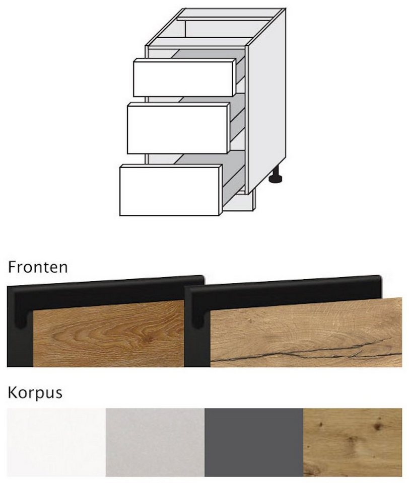 Feldmann-Wohnen Unterschrank Treviso Front- & Korpusfarbe wählbar grifflos  3 Schubladen (REJS Vollauszug), Fronten in modernem Holzdekor mit schwarzen  Abschlusskanten und Griffmulden