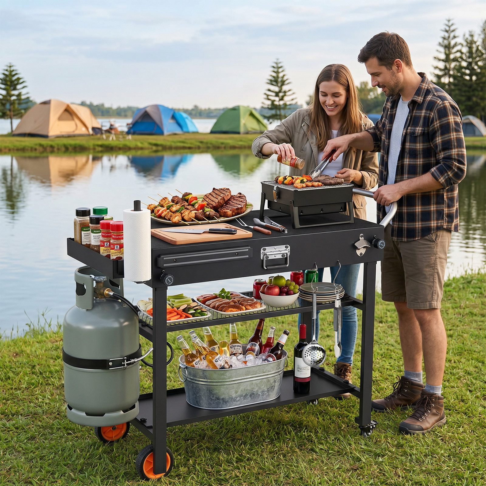 COSTWAY Grillablagetisch, Klappbarer Grillwagen mit 3 Ebenen, Unterlage & Haken