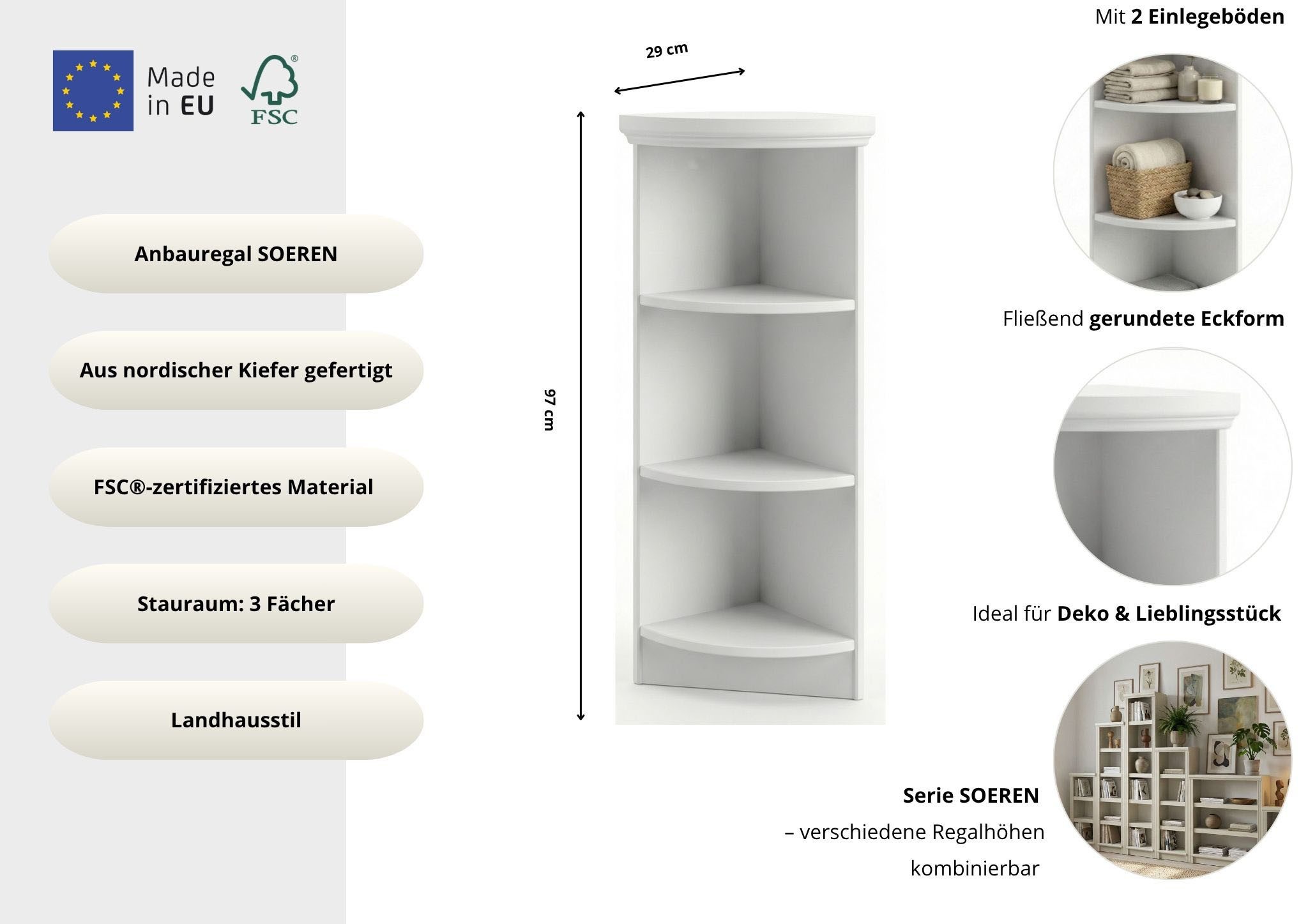 OTTO home Anbauregal Soeren Abschlussregal Höhen 97 bzw. 220 cm, aus massiver Kiefer, passend für Tiefe 29 cm, FSC®-zertifiziert