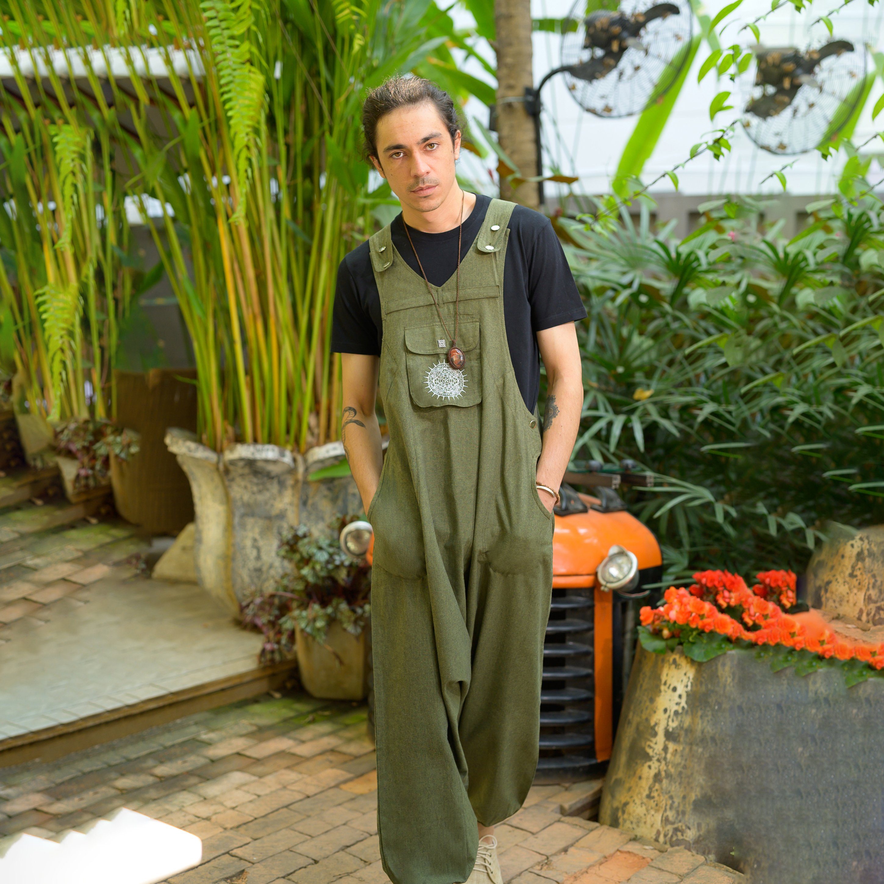 virblatt Jumpsuit Herren & Damen Latzhose, Baumwolle, Overall Herren Sommer Hosenanzug Goa Style, aufgesticktes Mandala