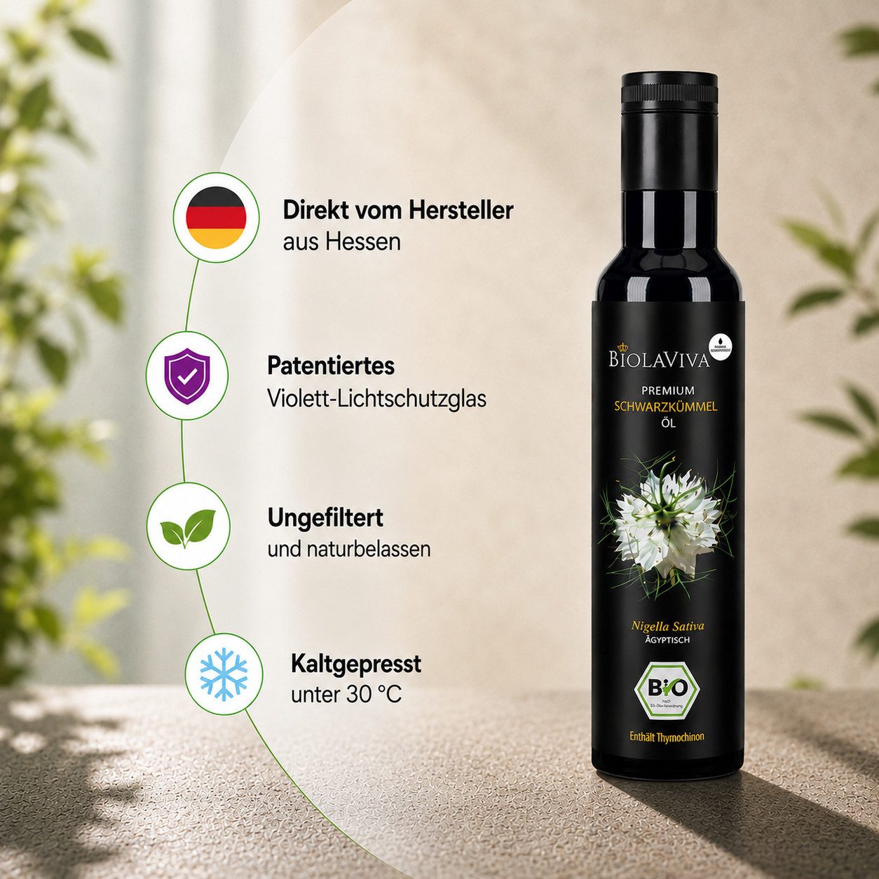 BIOLAVIVA Speiseöl : Bio - Schwarzkümmelöl - ungefiltert - kaltgepresst - laborgetestet