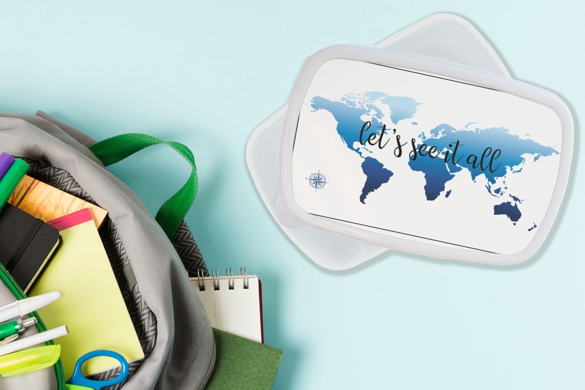 MuchoWow Lunchbox und (2-tlg), für Kinder Blau Jungs - Kunststoff, Erwachsene, weiß für und - Kompass, Brotdose, Mädchen Weltkarte Brotbox