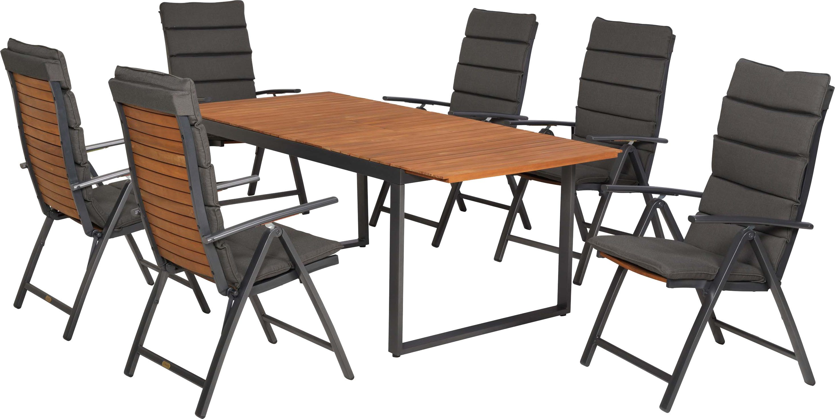 MERXX Garten-Essgruppe Santorin, (Set, 13-tlg), inkl. 6 Klappsessel, 6 Auflagen, 1 Ausziehtisch