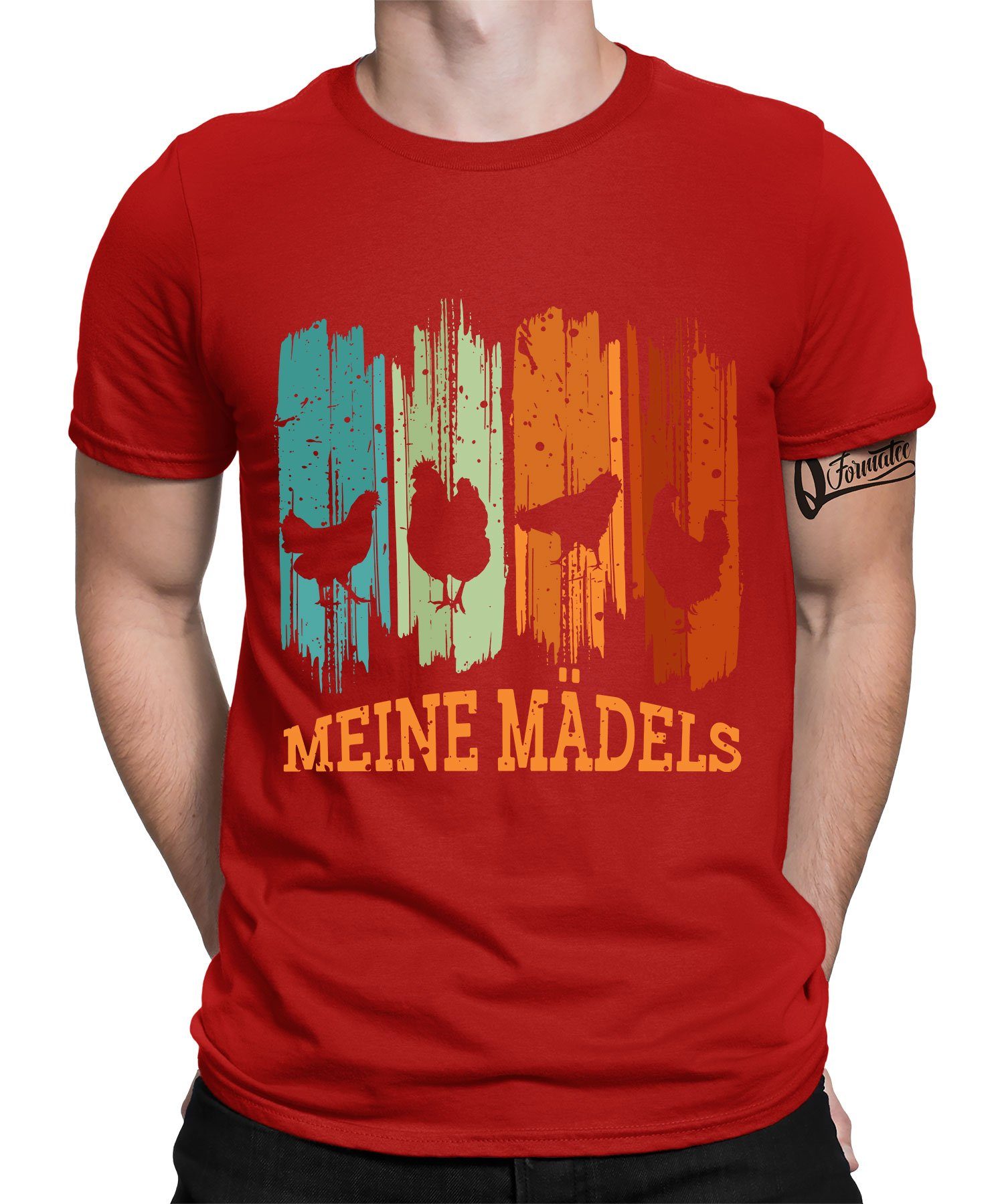 Quattro Formatee Kurzarmshirt Meine Mädels - Huhn Hahn Chicken Bauern Hühner Herren T-Shirt (1-tlg) Rot