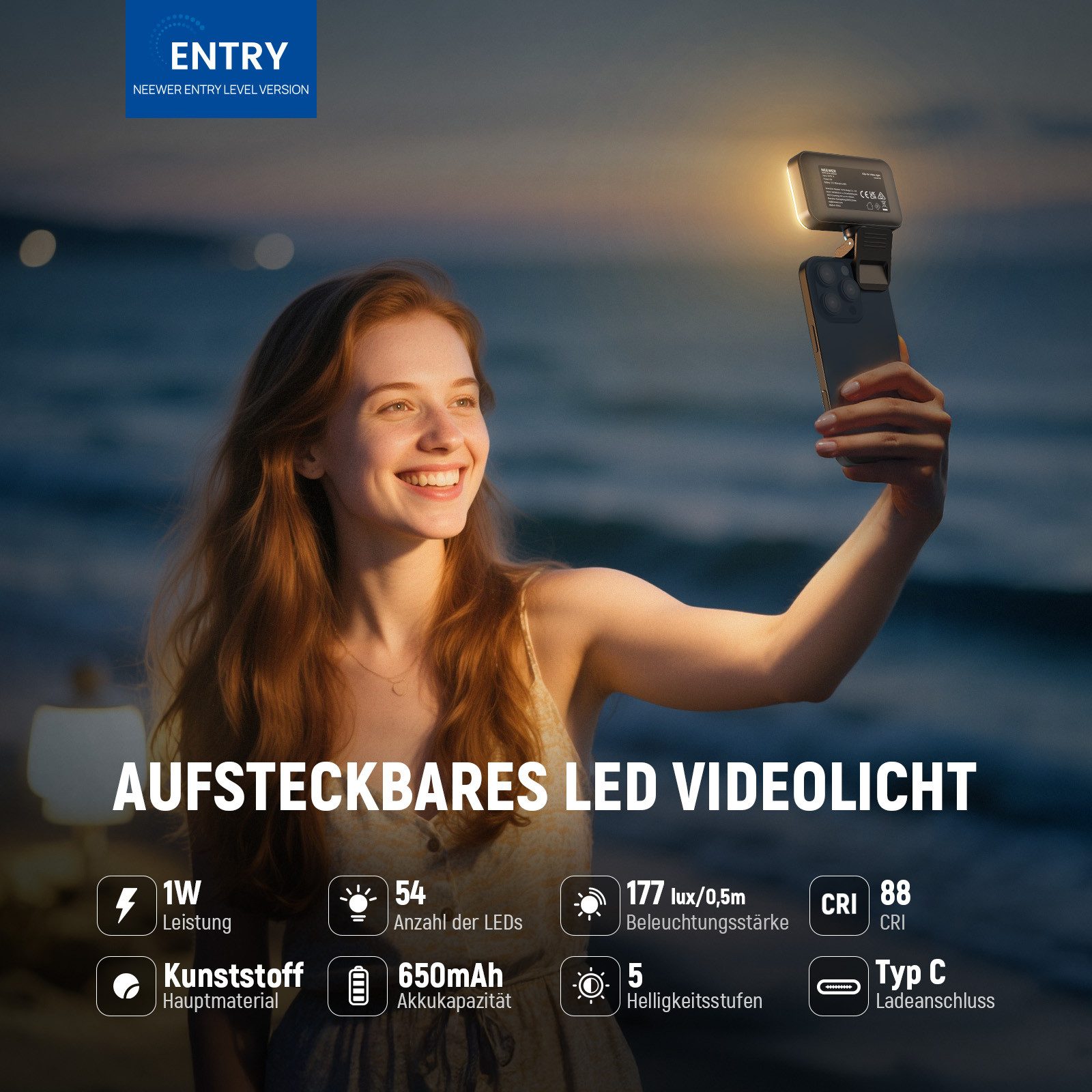 Neewer Videoleuchte N8 LED Selfie Light mit Clip für iPhone, 54 LEDs, CRI88, 650mAh, passt an Smartphones,Tablets oder PCs