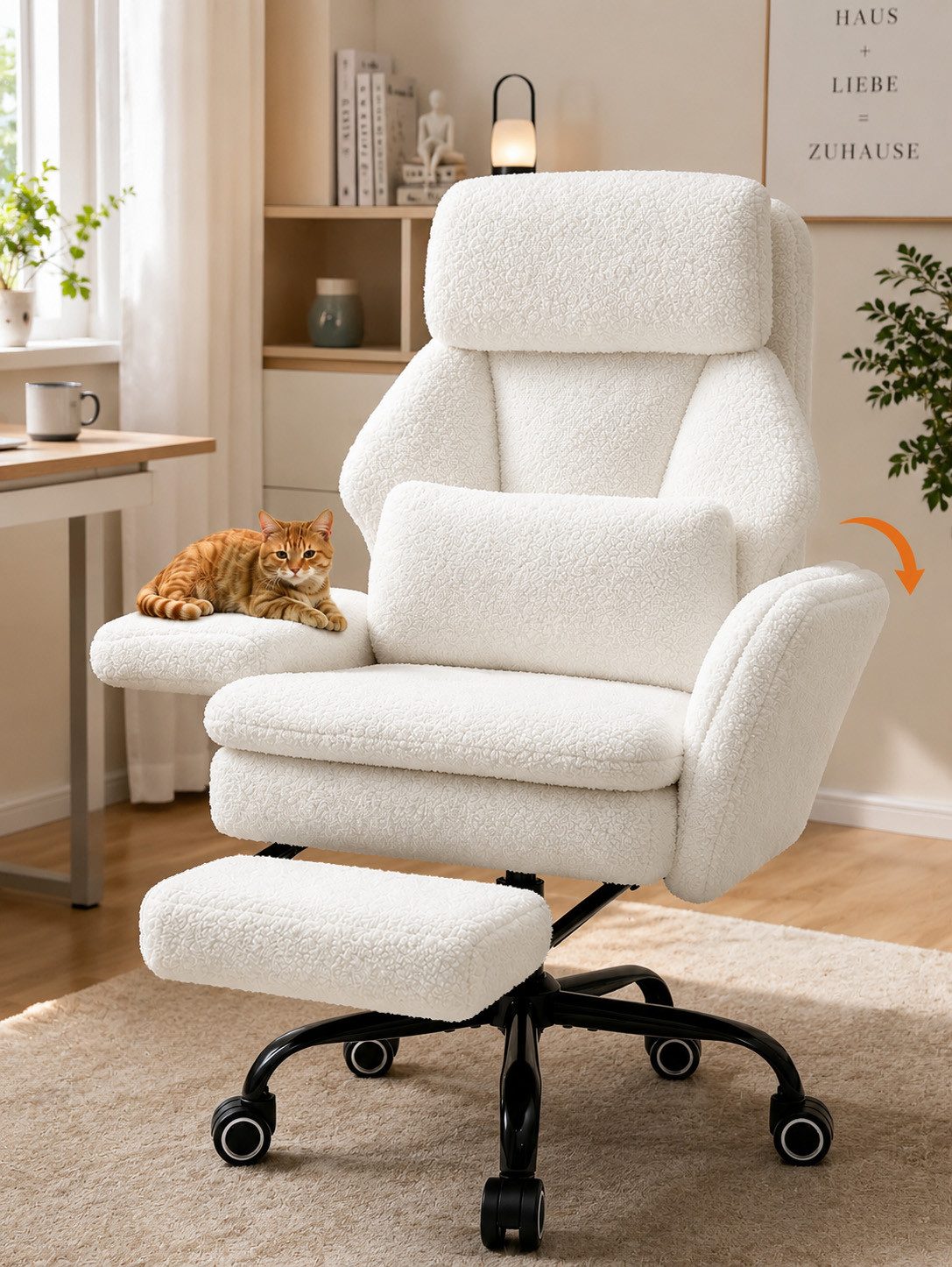 Hoolamyie Drehstuhl Ergonomischer Chefsessel aus Teddy-Stoff mit Fußstütze, bis 200 kg, Teddy-Stoff-Bezug, Federkernpolsterung, leise Rollen