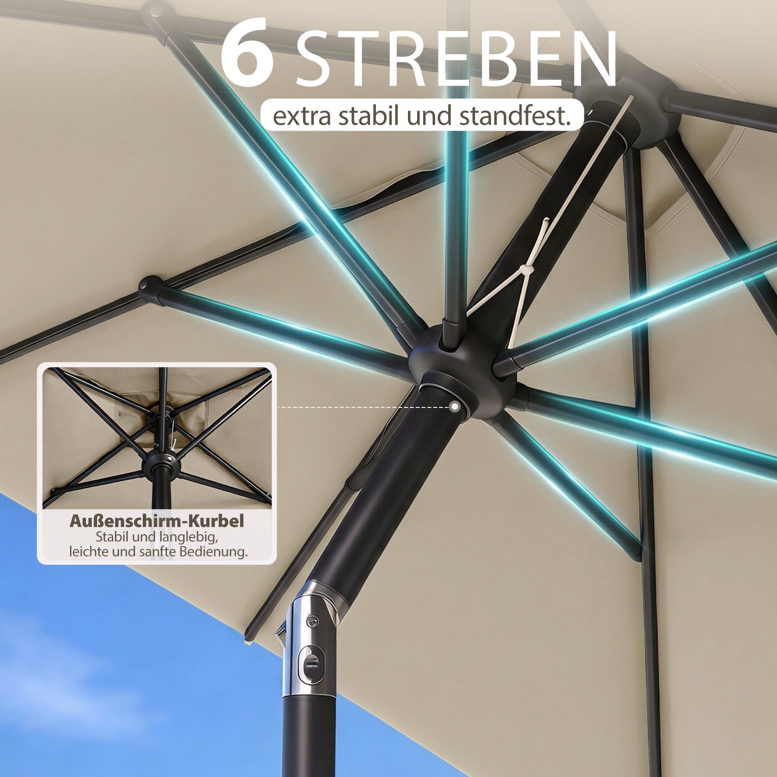 Sekey Sonnenschirm Rechteckig Marktschirm Neigbar mit Kurbel Sonnenschirm Groß, LxB: 300x200 cm, Sonnenschirm 300 x 200 cm, Gartenschirm Outdoor Wetterfest, Kni – Bild 4 von 5