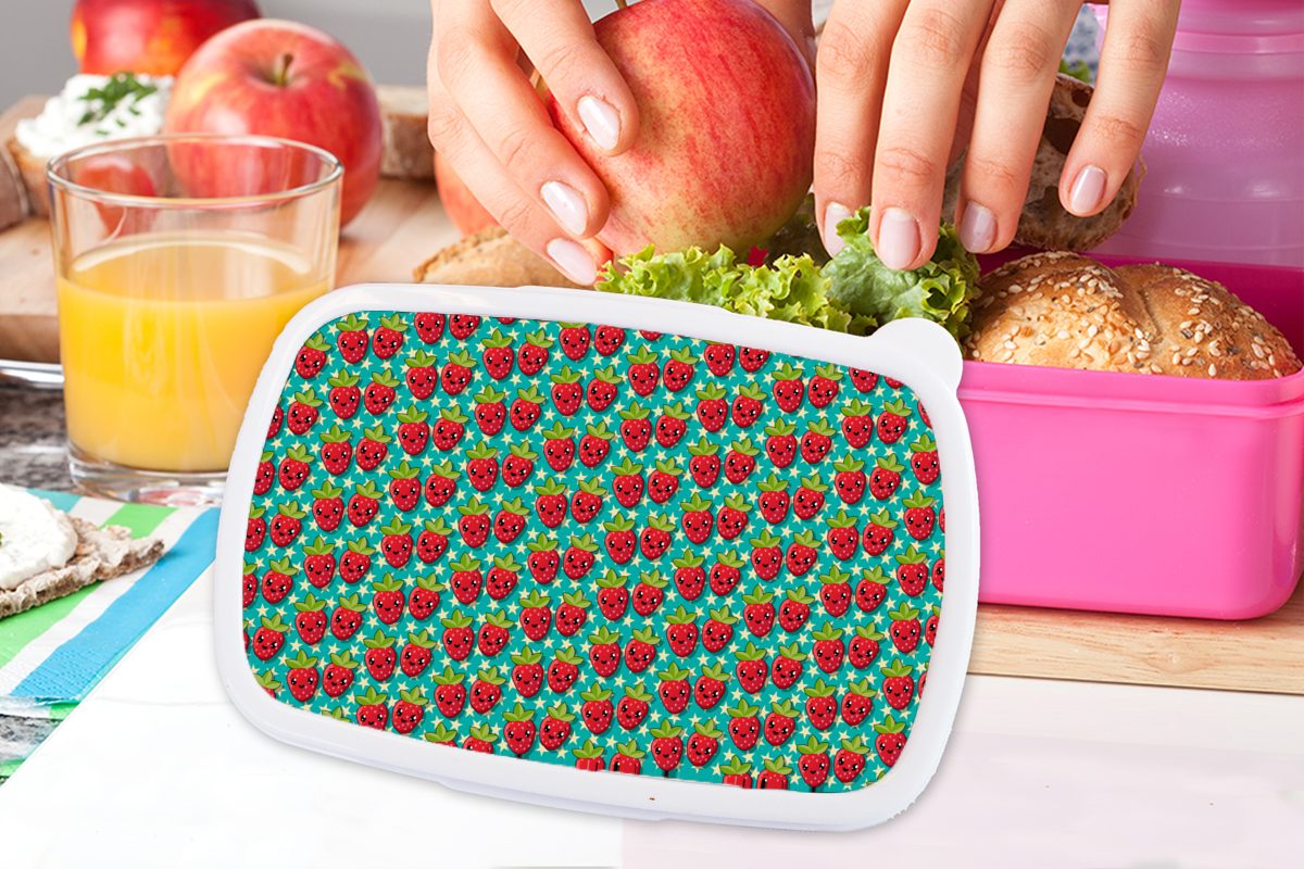 Snackbox, Brotdose Lunchbox Obst Vegan rosa Kinder Kinder, Brotbox - - - Kunststoff, (2-tlg), für - MuchoWow Kunststoff Erdbeeren Mädchen, Erwachsene, Design,