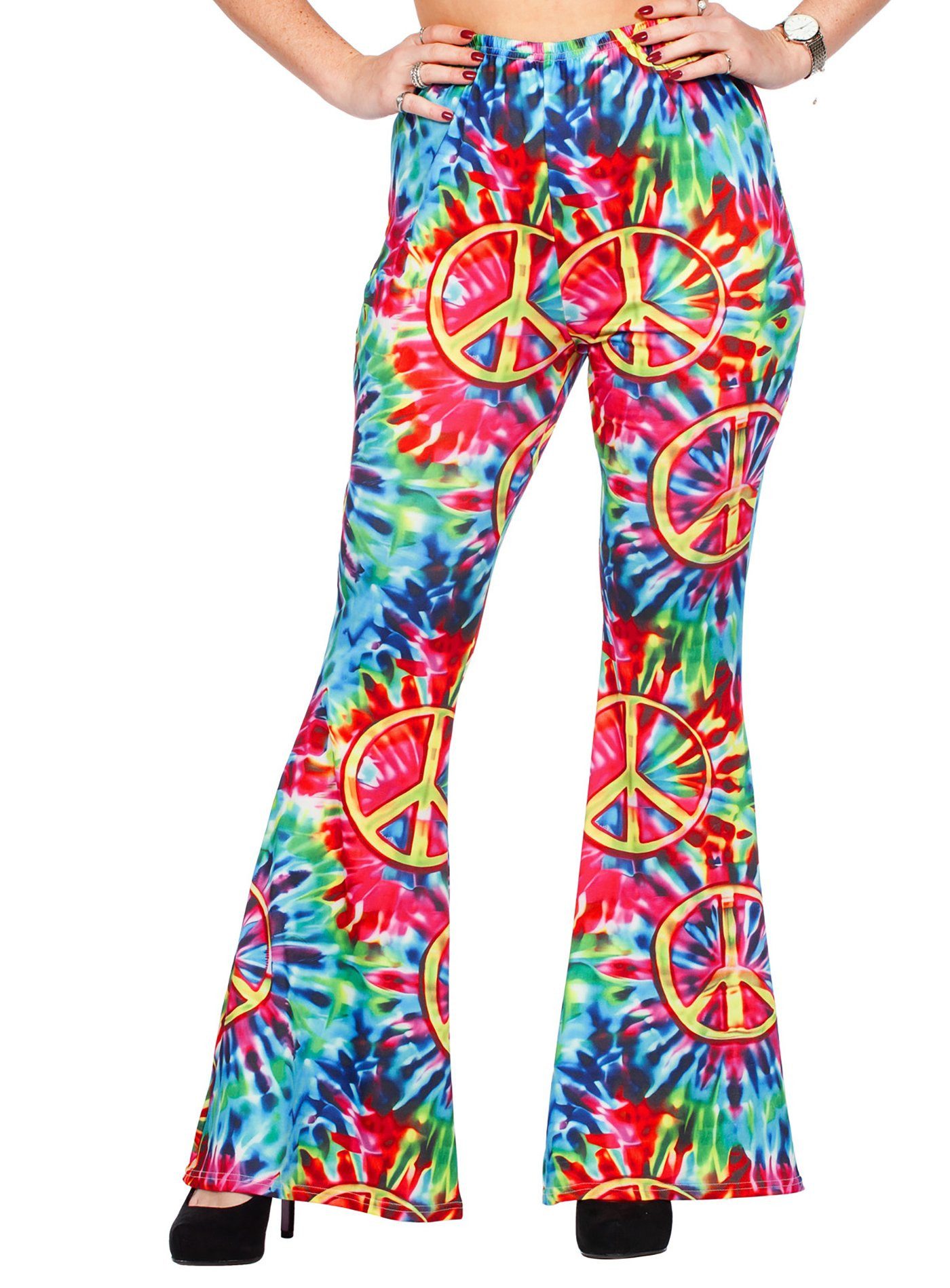 Metamorph Hippie-Kostüm Batik Peace Hippie Hose, Eng geschnittene Schlaghose im Batikdesign