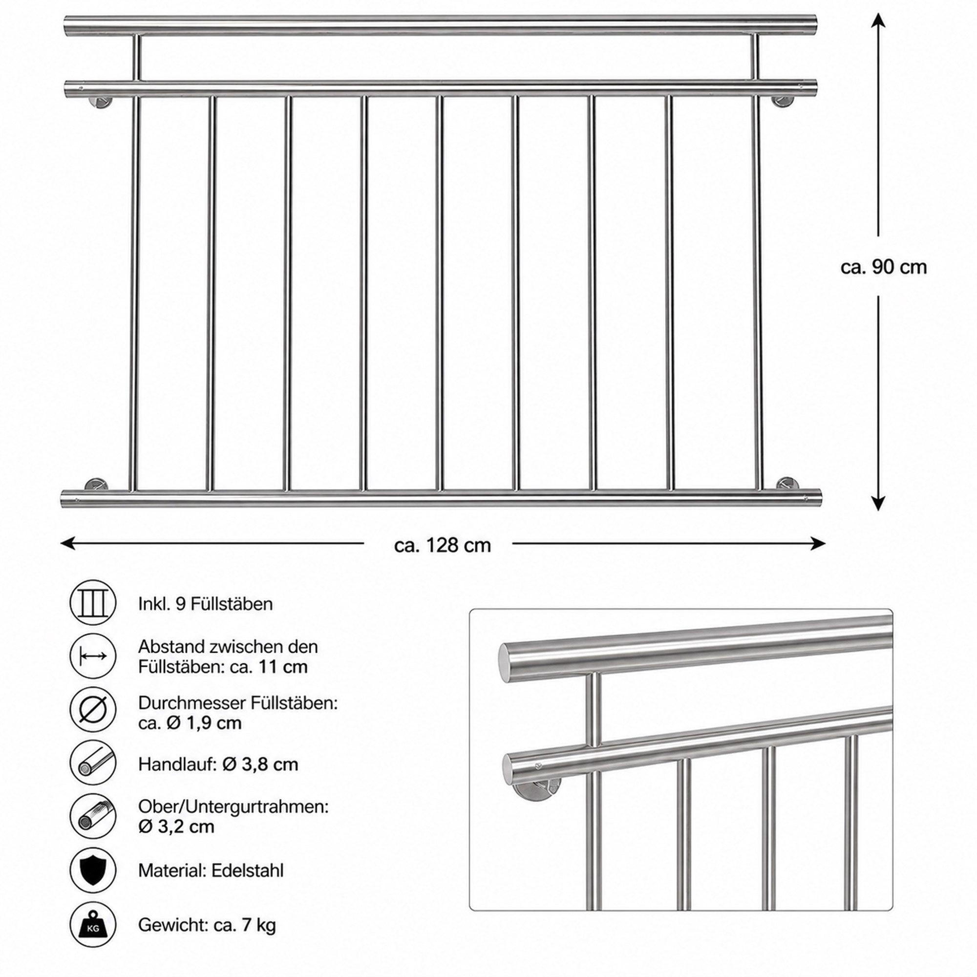 Mucola Brüstungsgeländer Balkongeländer Fenster Geländer Edelstahl Silber V2A Handlauf, 128 cm Länge, 90 cm Höhe, Stück, Premium-Geländer, V2A Edelstahl