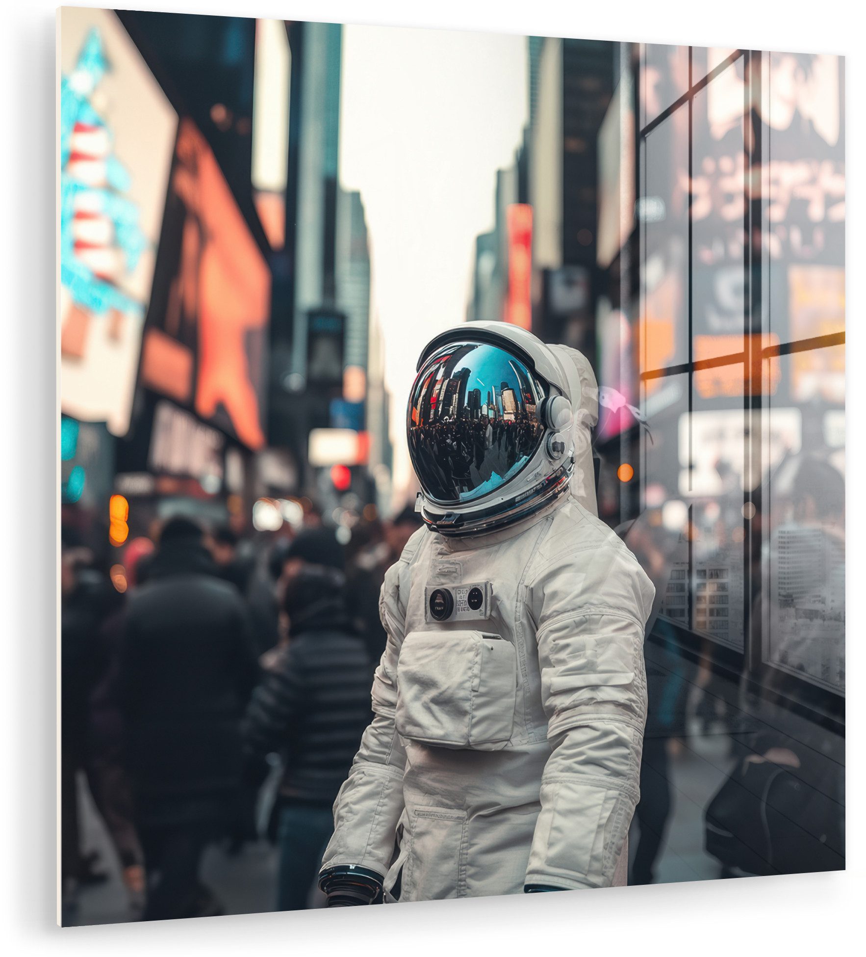 MuchoWow Acrylglasbild Stadt - Menschen - Astronaut - Weiß, Inkl. Aufhängung, Bilder auf Glas Wandbild, Wanddeko Wohnzimmer Badezimmer, 20x20 cm