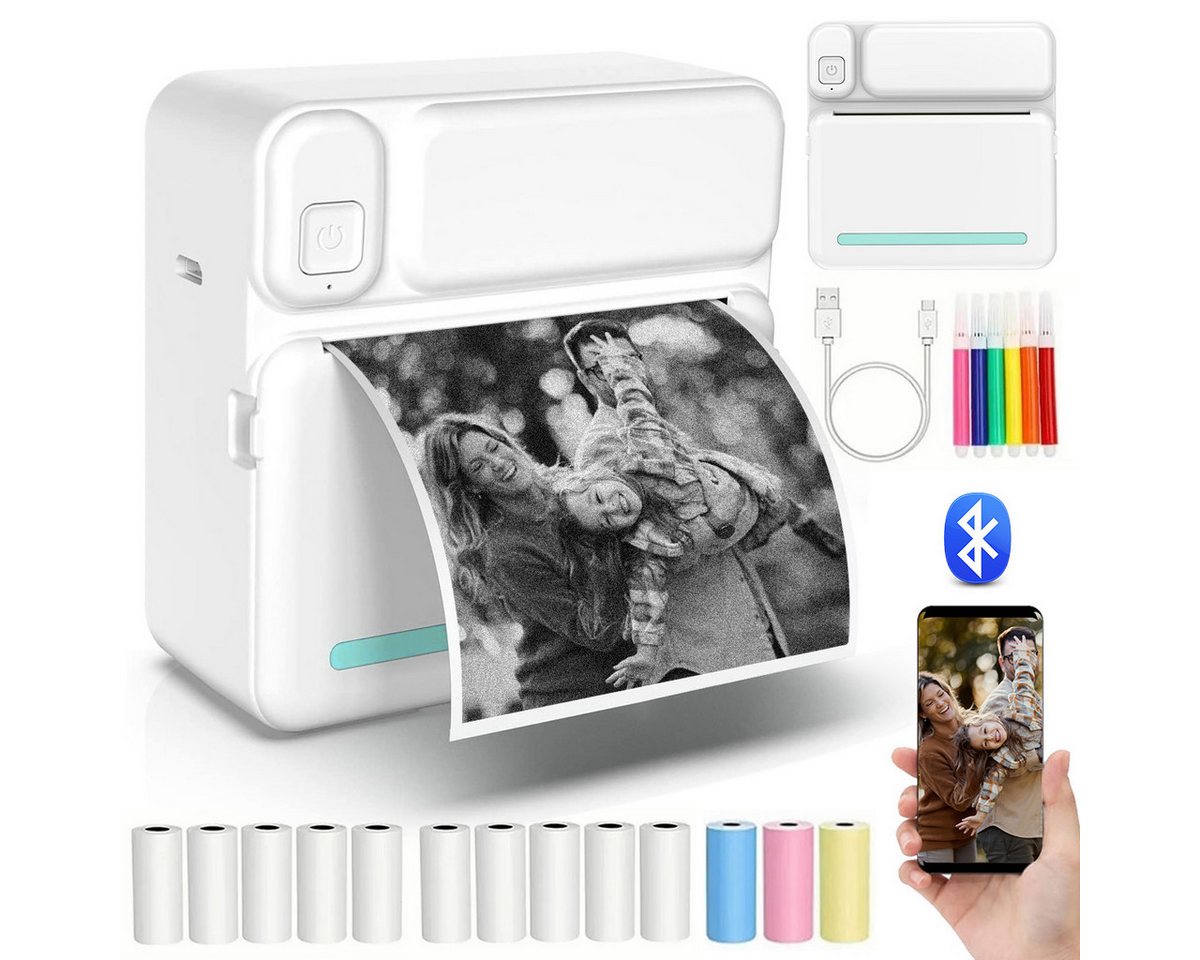 MOPUEA Thermodrucker Kompatibel für iOS Android Etikettendrucker Bluetooth Etikettendrucker, (Bluetooth-Fotodrucker, WLAN (Wi-Fi),Blau Mini-Drucker, mit 6 Farbstift, 5 Druckpapier, 5 selbstklebendes Thermopapier, 3 Farbdruckpapier)
