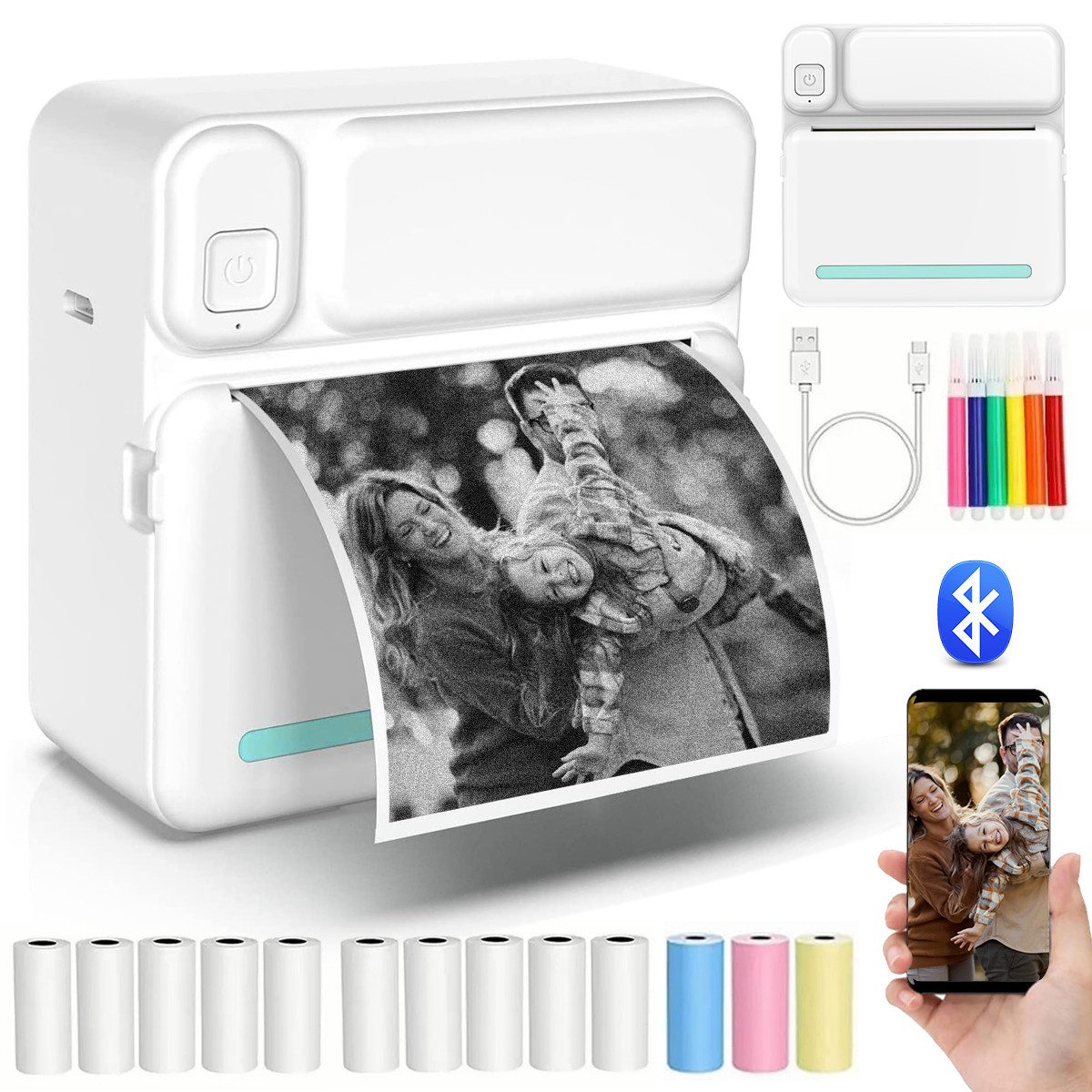 MOPUEA Thermodrucker Kompatibel für iOS Android Etikettendrucker Bluetooth Etikettendrucker, (Bluetooth-Fotodrucker, WLAN (Wi-Fi),Blau Mini-Drucker, mit 6 Farbstift, 5 Druckpapier, 5 selbstklebendes Thermopapier, 3 Farbdruckpapier)