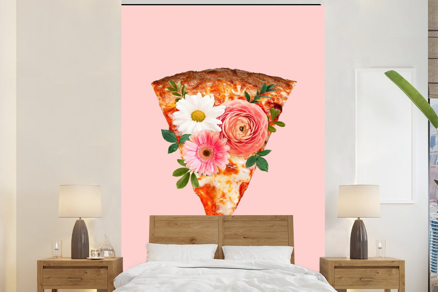 Pizza - Blumen Fototapete Stilleben, (3 Wohnzimmer, St), MuchoWow Tapete - Vinyl bedruckt, für Matt, Wandtapete Montagefertig