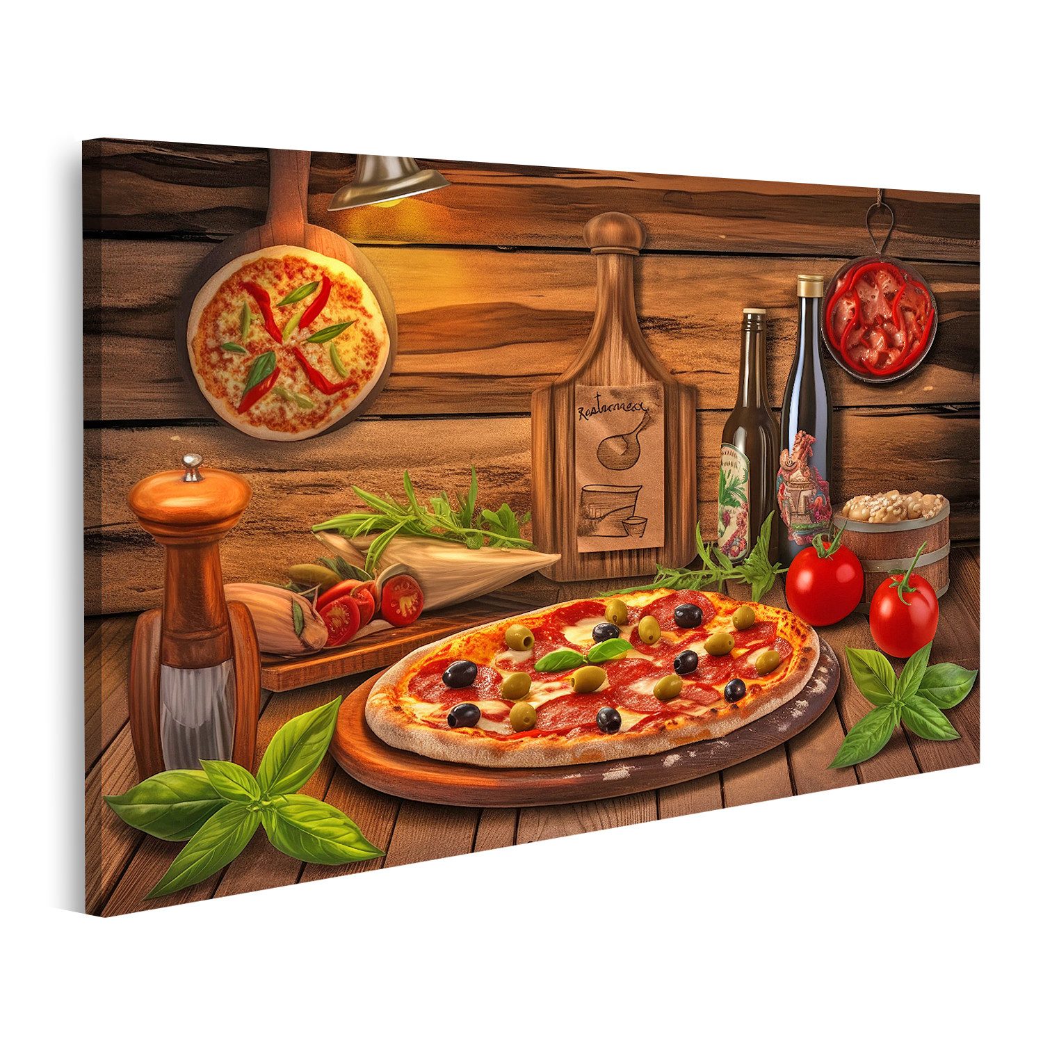 islandburner Leinwandbild, Italienische Küche mit Pizza und Zutaten