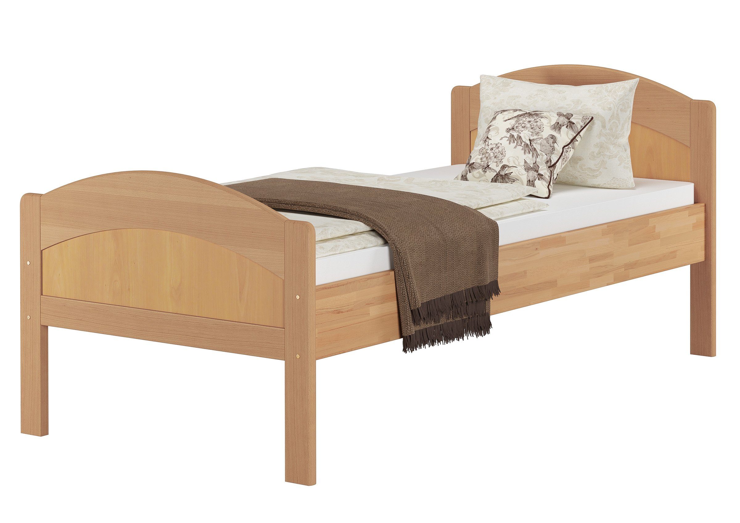 Buchefarblos ERST-HOLZ Bett massiv mit lackiert Gästebett Seniorenbett Rollrost, 90x200 Buche Einzelbett