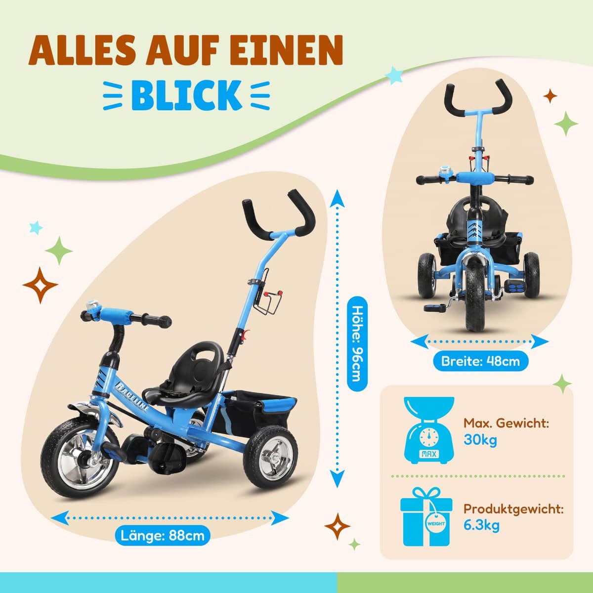 Spielwerk Dreirad-Kinderwagen, (1-tlg), Dreirad Sicherheitsgurt Schubstange Abnehmbar verstellbare Fußablage