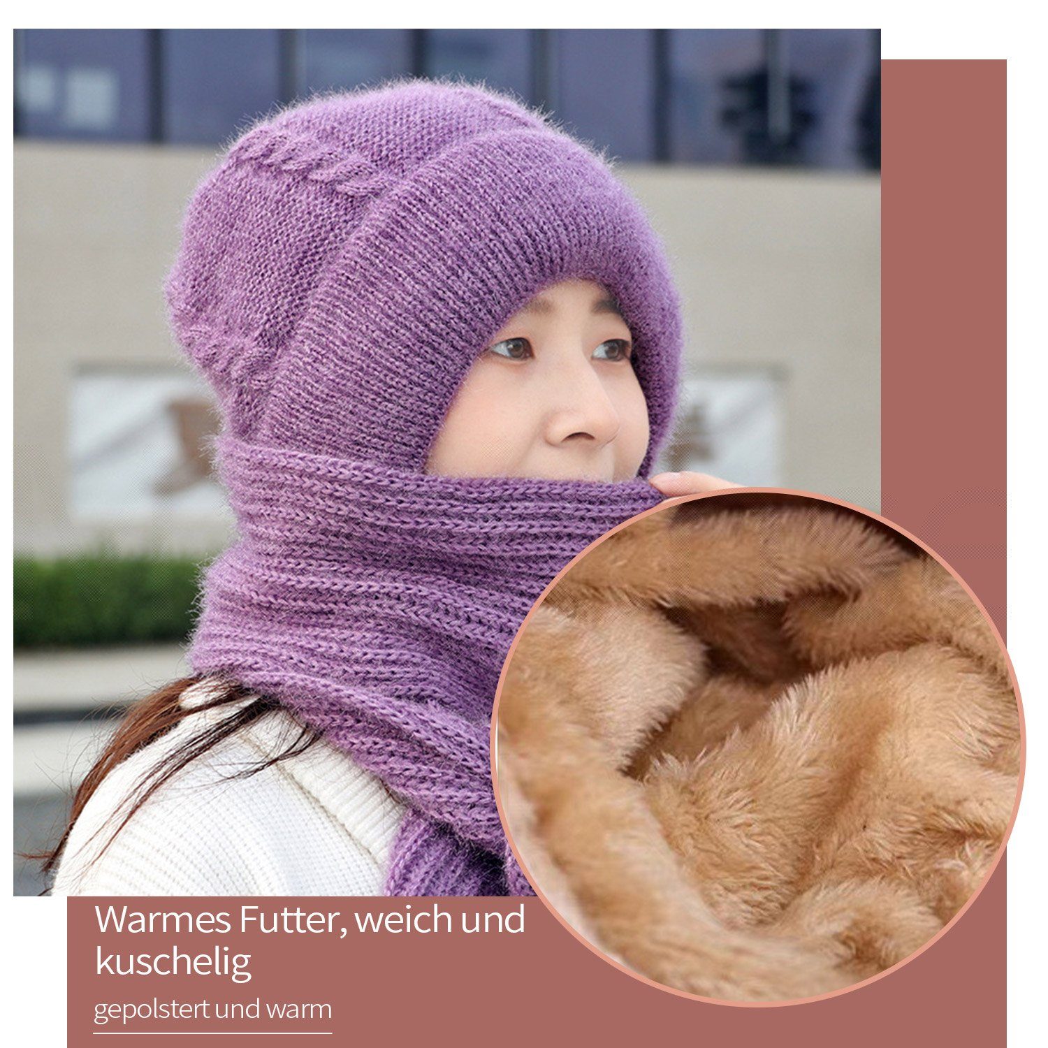 Mütze MAGICSHE 2-in-1 Damen Schal & Strickmütze Wintermütze Gehörschutz Warmes Set grau