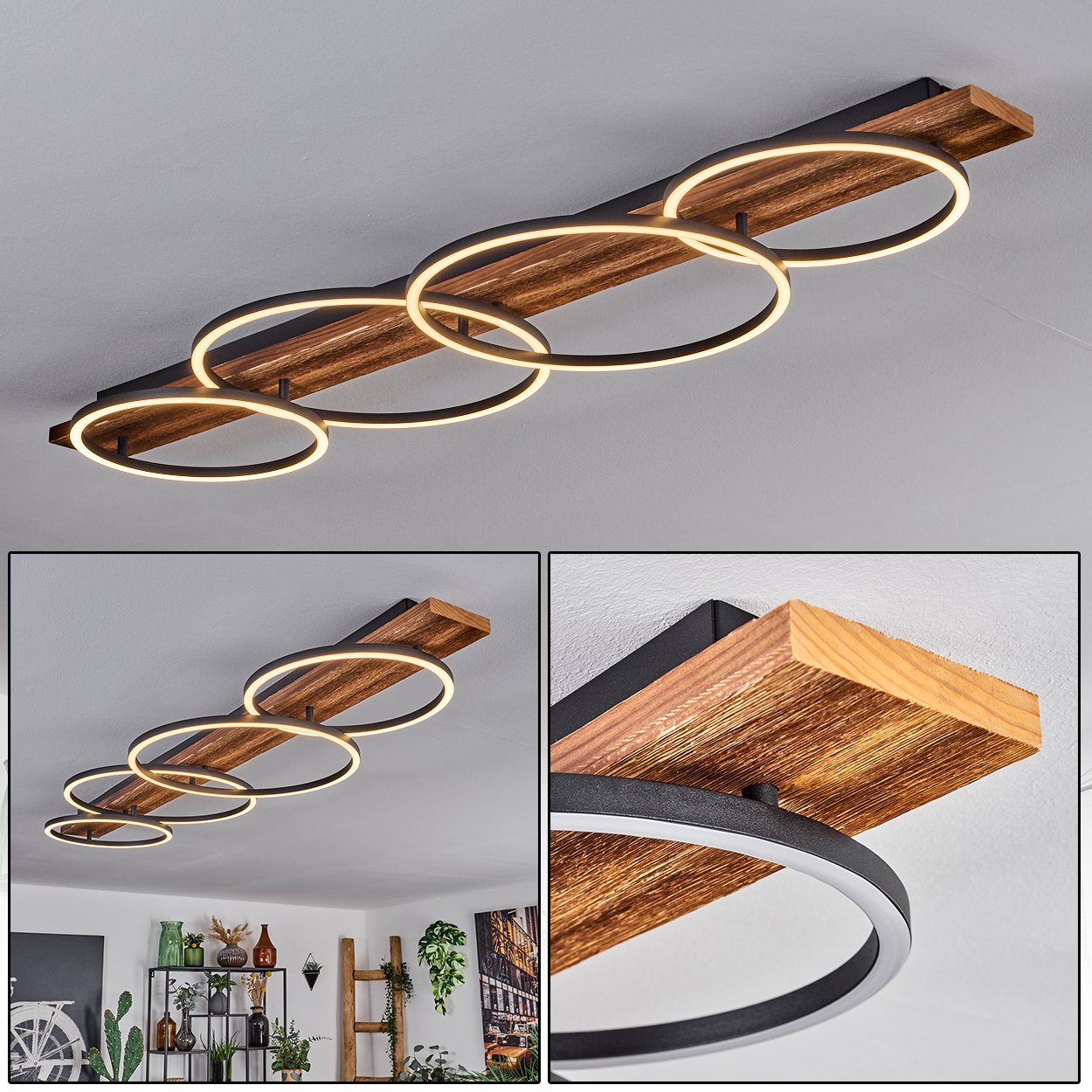 hofstein Deckenleuchte moderne Deckenlampe aus Metall/Holz/Kunststoff in Schwarz/Natur/Weiß, LED fest integriert, 3000 Kelvin, Leuchte im skandinavischen Design, 5100 Lumen, 3000 Kelvin