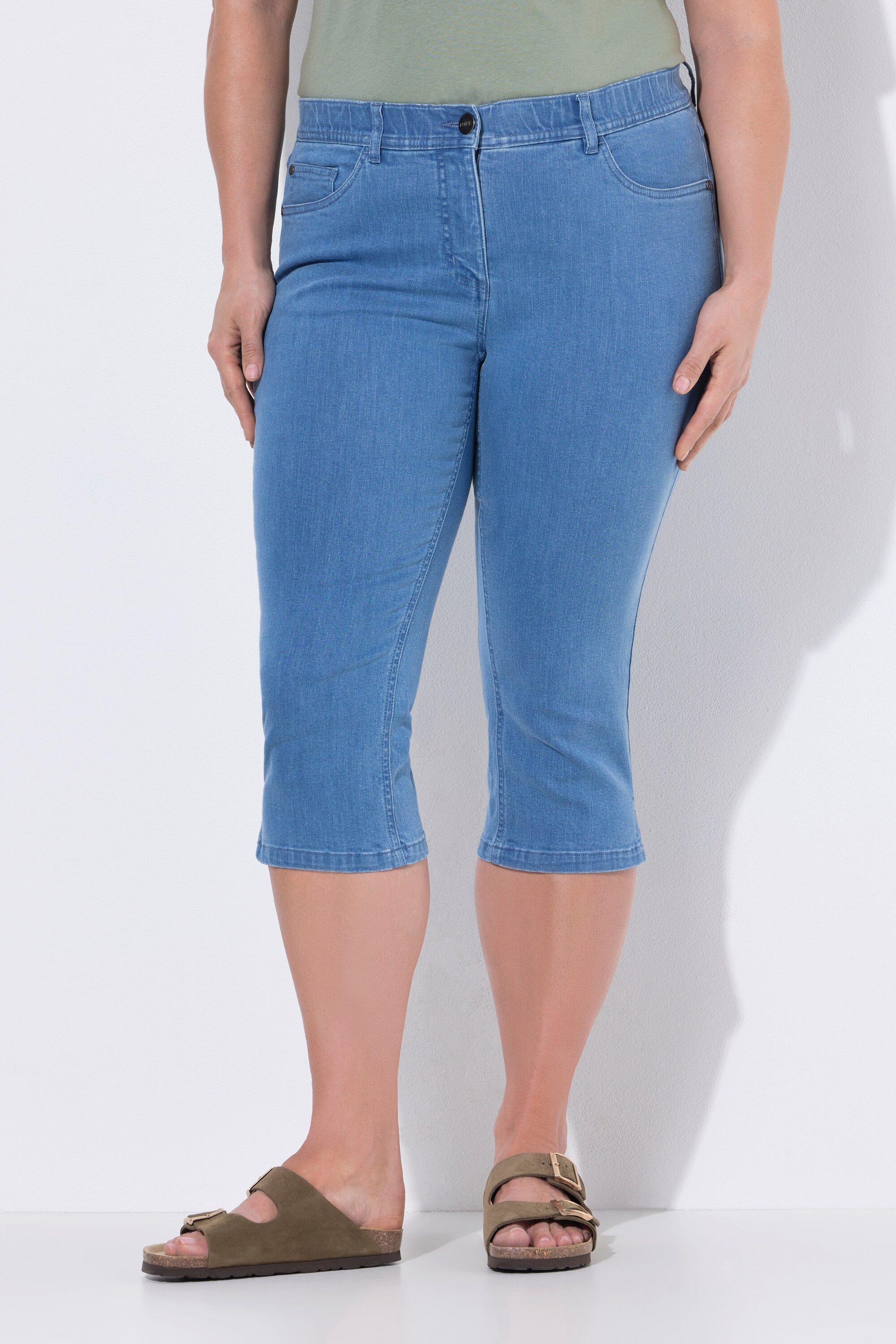 Ulla Popken 5-Pocket-Jeans Capri-Jeans Saumschlitz Komfortbund Biobaumwolle