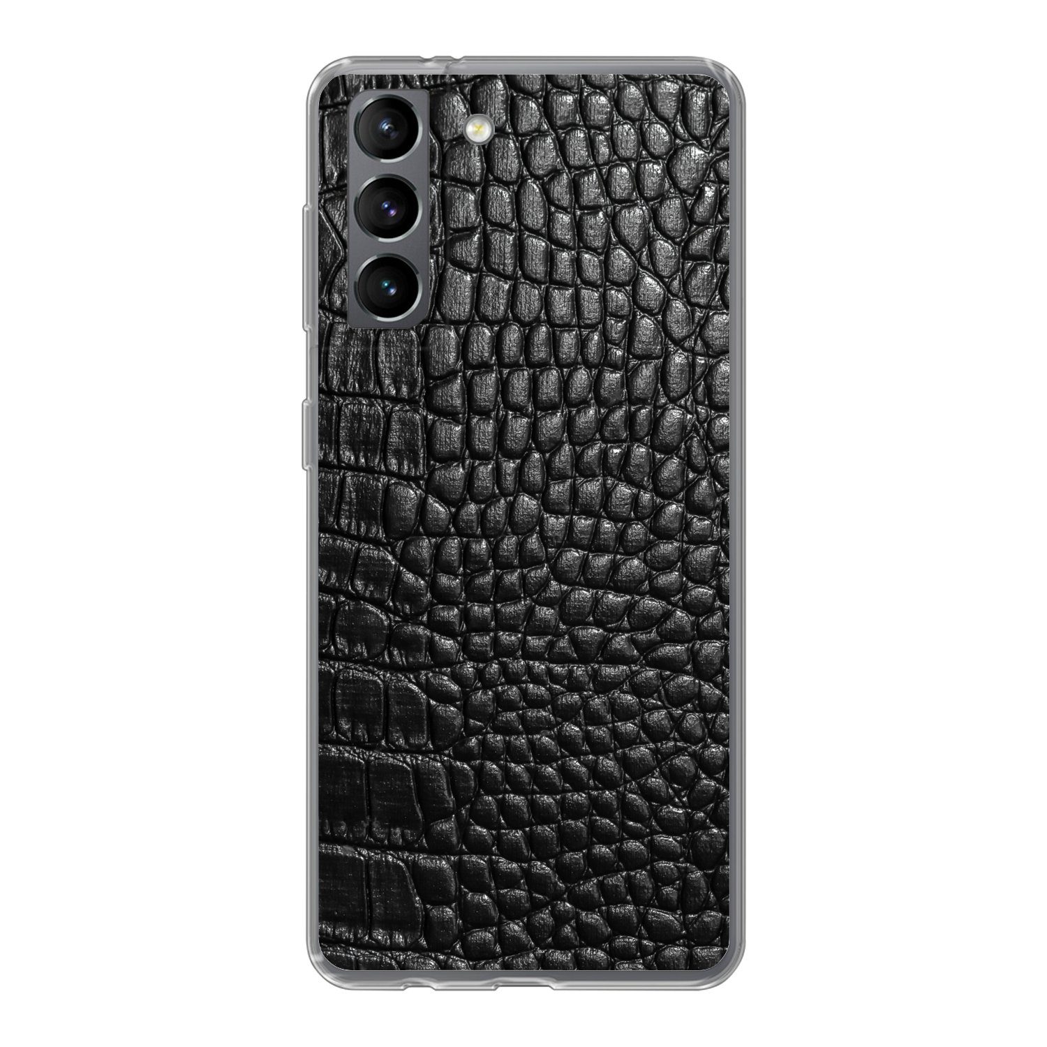 MuchoWow Handyhülle für Samsung Galaxy S21 Leder - Strukturiert - Schwarz - Grau, Phone Case, Silikon, Schutzhülle Dünn