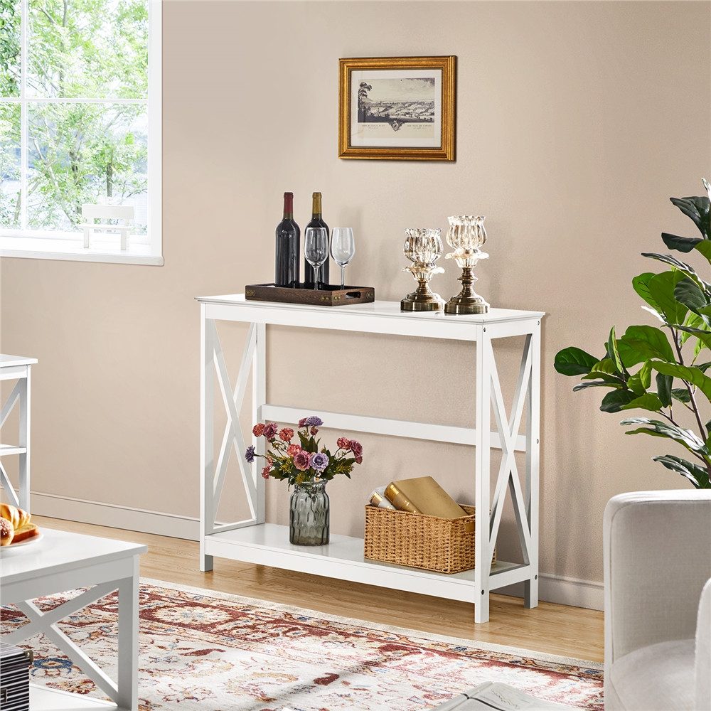 Yaheetech Konsolentisch 2-stufiger Beistelltisch 102 x 30 x 81 cm, Flurtisch mit 2 Ablagen, X-förmige Stütze, Tischbeine aus Massivholz – Bild 2 von 5