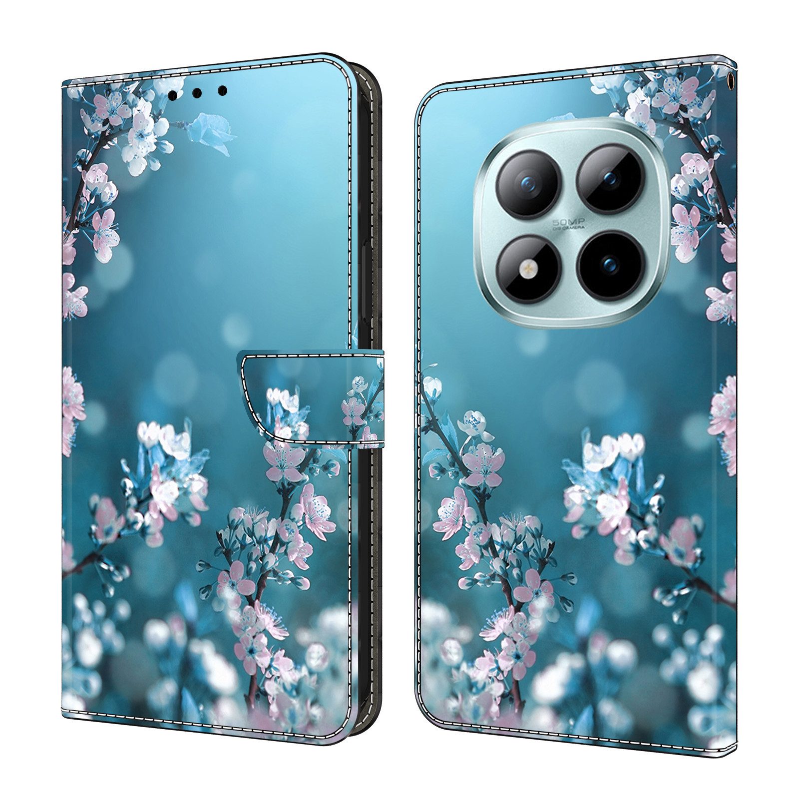 CLM-Tech Handytasche für Xiaomi Redmi Note 15 Pro 5G 6,83 Zoll Klapphülle aus PU Leder (Pflaumenblüte blau, 1-tlg., Flip Case), Magnetverschluss, Standfunktion und Kartenfächer