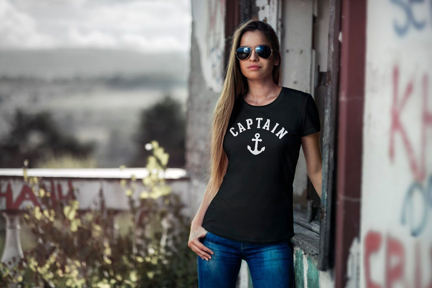 Neverless Print-Shirt Damen T-Shirt mit Captain Print Slim schwarz Anchor Fit Neverless® Anker