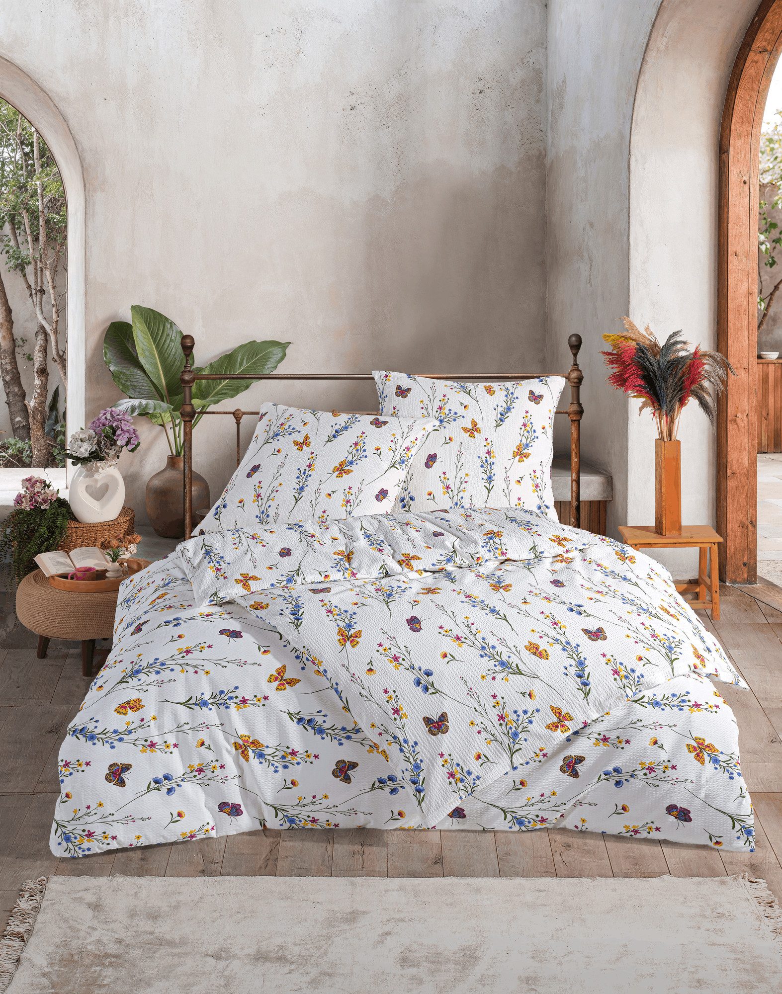 KK Shopping Bettwäsche Seersucker Bettwäsche Schmetterlinge Blumen 135x200 cm 100% Baumwolle, 2 teilig, Langlebig