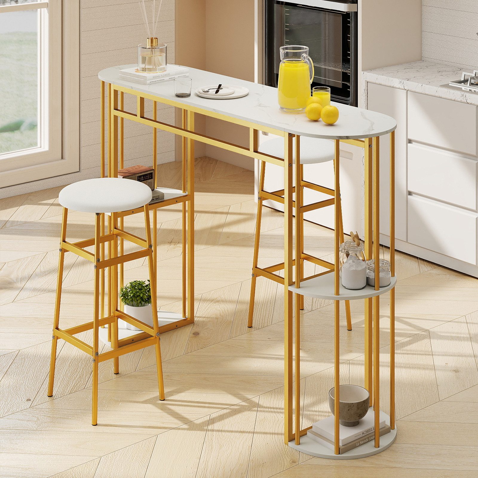 COSTWAY Bartisch, Küche mit 4 halbrunde Regale, 150cm Stehtisch Marmor Metall