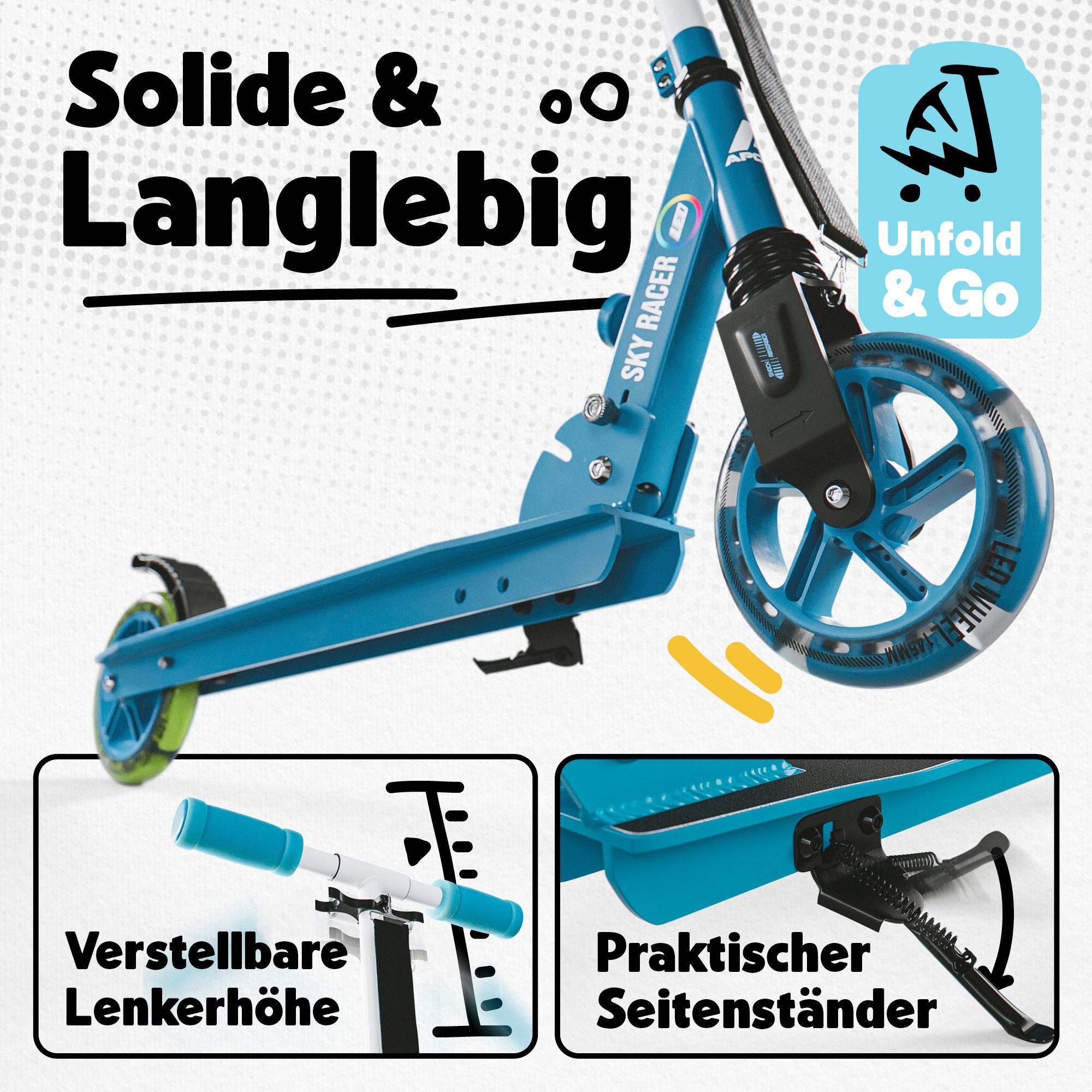 Apollo Cityroller Skyracer LED City Scooter Kinder, Tretroller mit Federung, klappbarer Kinderroller, höhenverstellbar