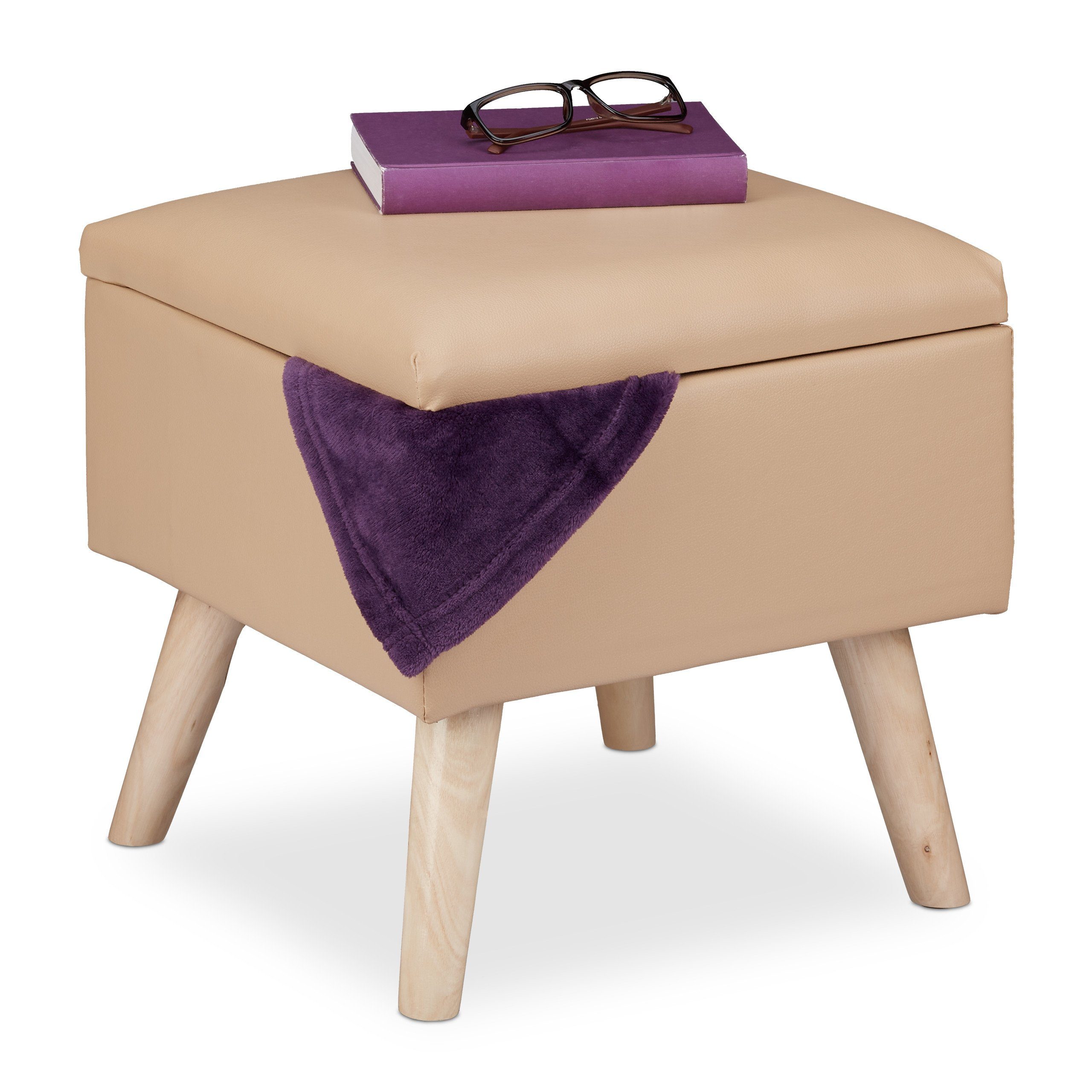 relaxdays Stauraumhocker Sitzhocker mit Stauraum Kunstleder, Beige