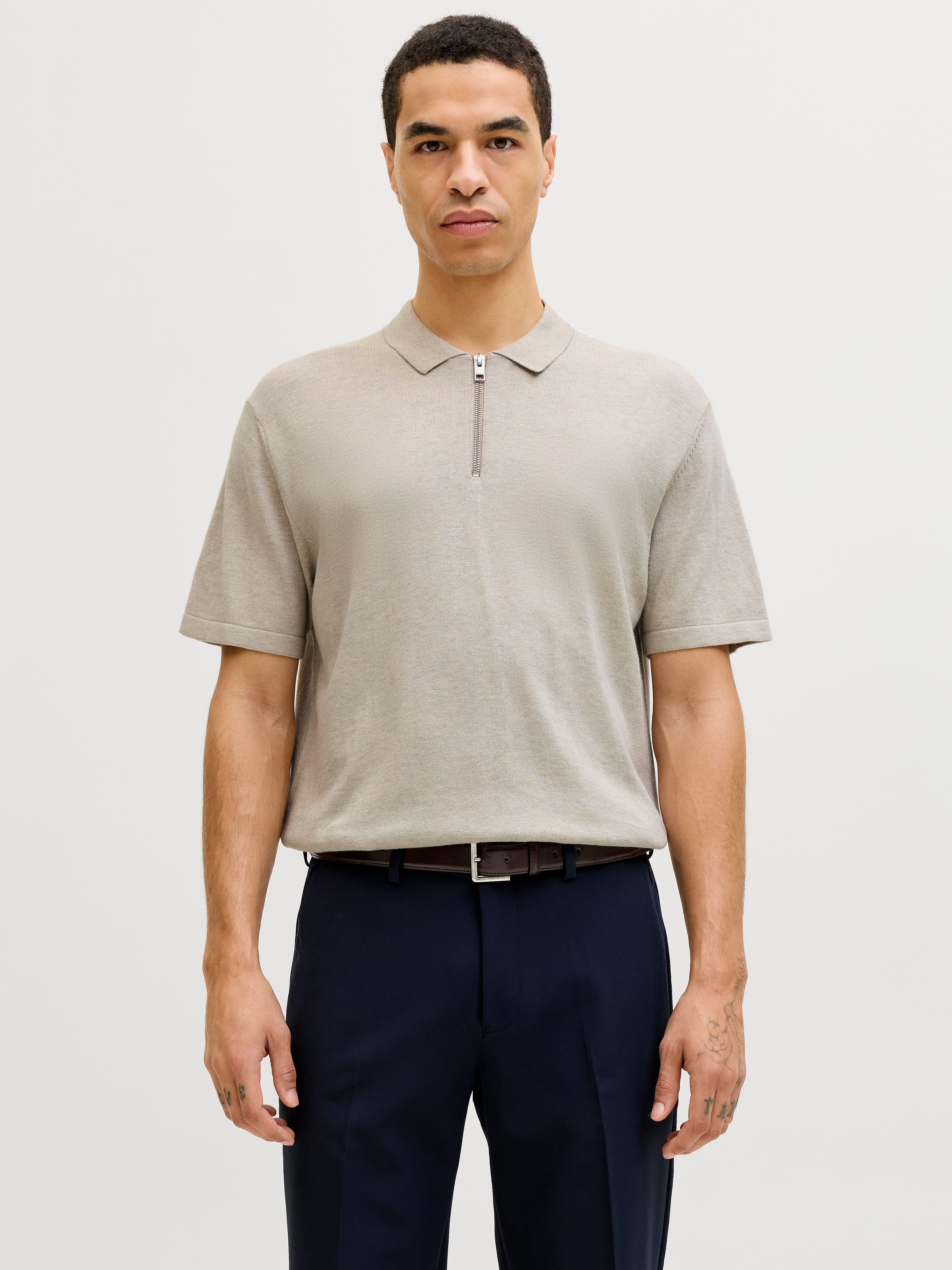 Jack & Jones Kurzarmpullover JJEEMIL KNIT ZIP POLO SS SN mit kurzem Reißverschluss