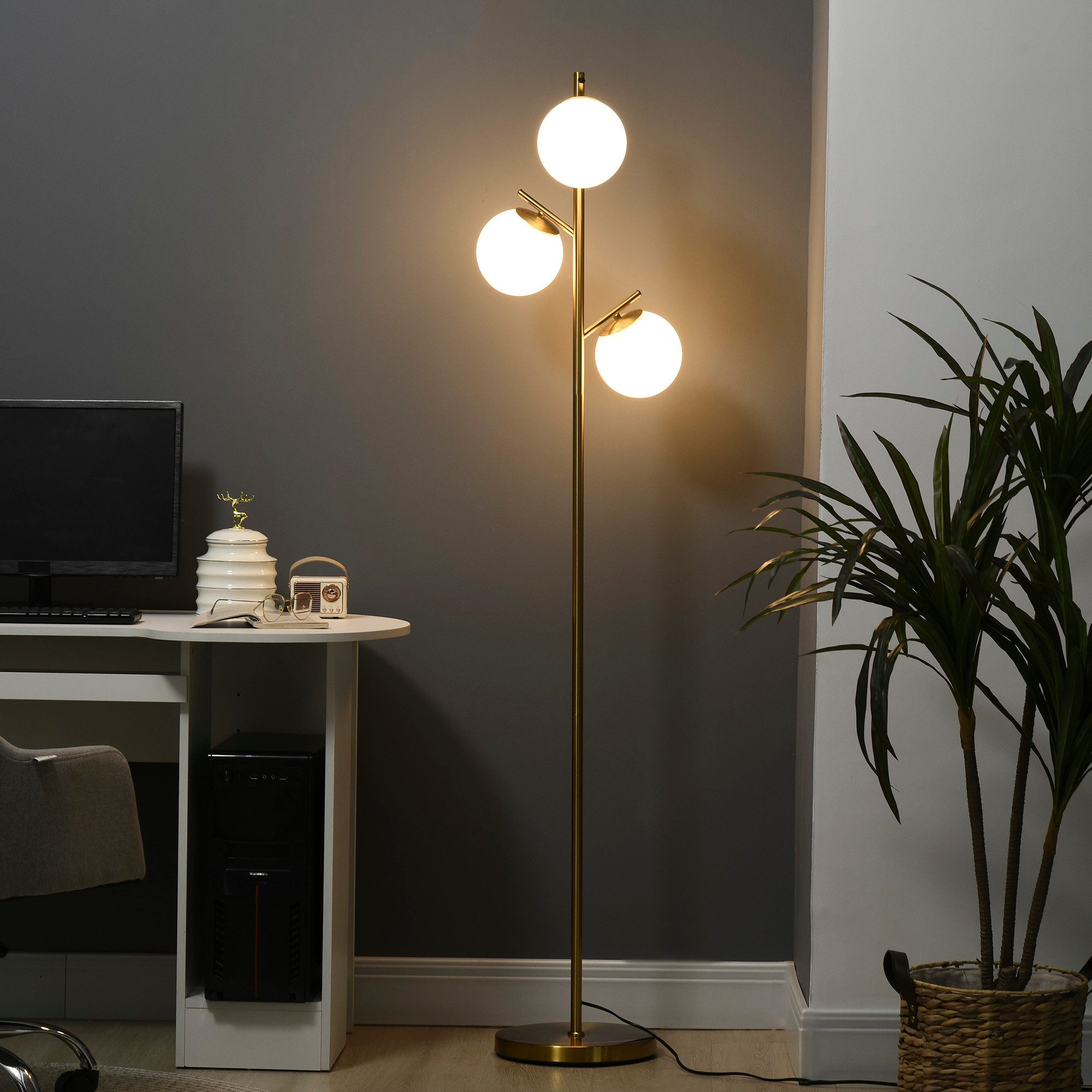 HOMCOM Stehlampe Wohnzimmer Stehleuchte mit 3 E27 Fassungen, exkl. Glühbirne, Gold, Metall, Glas Ø27 x 169 cm