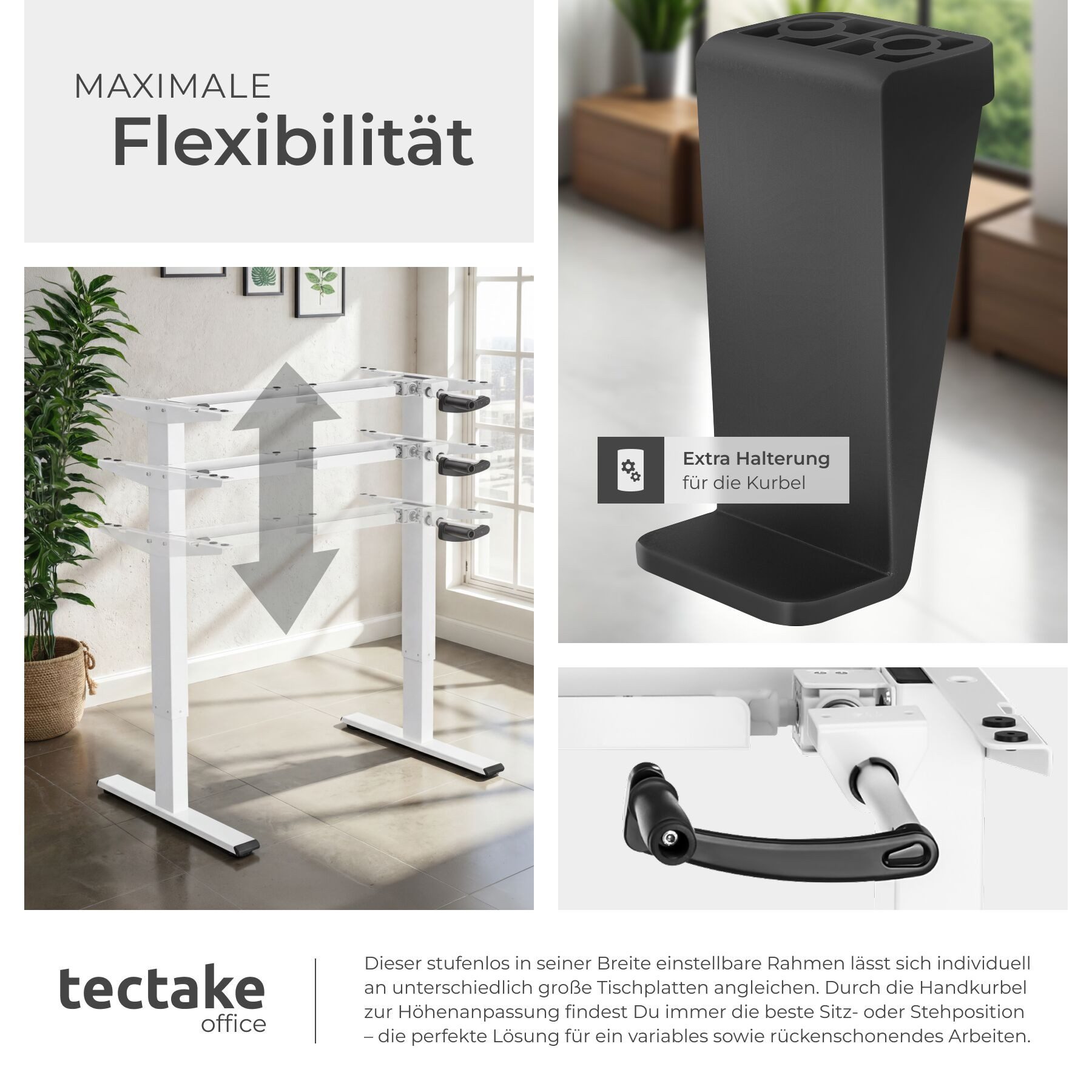 tectake Tischgestell Schreibtischgestell, Belastbarkeit 70 kg, 84 - 129 x 60 x 71 - 121 (Tischuntergestell Idun, 1-St., in weiß), Stufenlos höhenverstellbares Tischgestell mit Handkurbel