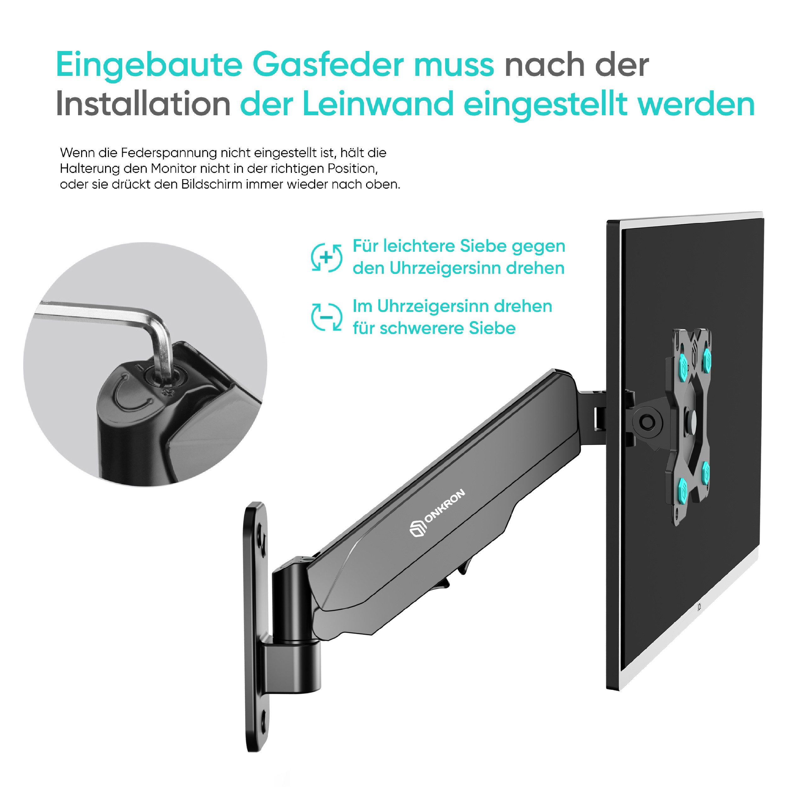ONKRON Monitor-Halterung 13-34 Zoll, bis 8 kg, VESA 75x75-100x100, G120-B, (bis 34 Zoll, neigbar, schwenkbar, drehbar, Gasdruckfeder, Kabelmanagement)