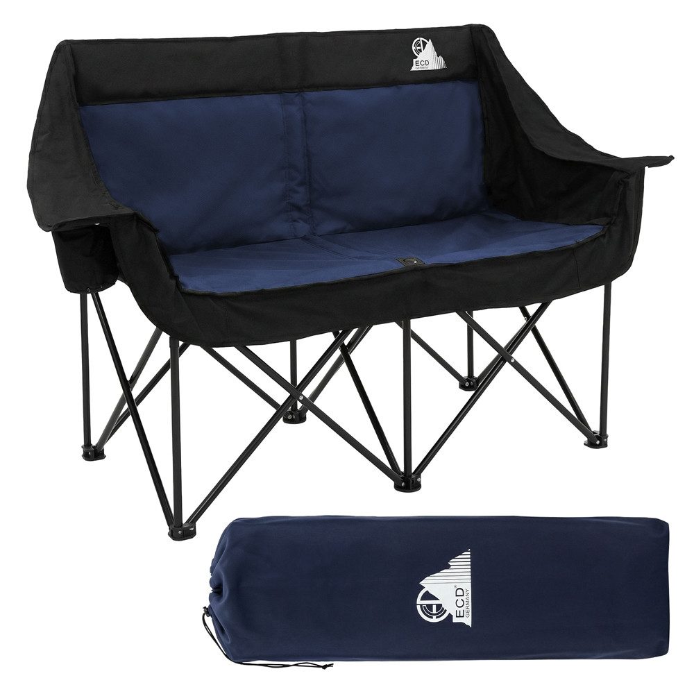 ECD Germany Campingstuhl Campingsofa faltbar für 2 Personen 2-Sitzer mit Tasche/Getränkehaltern, Doppel Klappstuhl mit Stahlgestell, Campingbank Faltsofa gepolstert