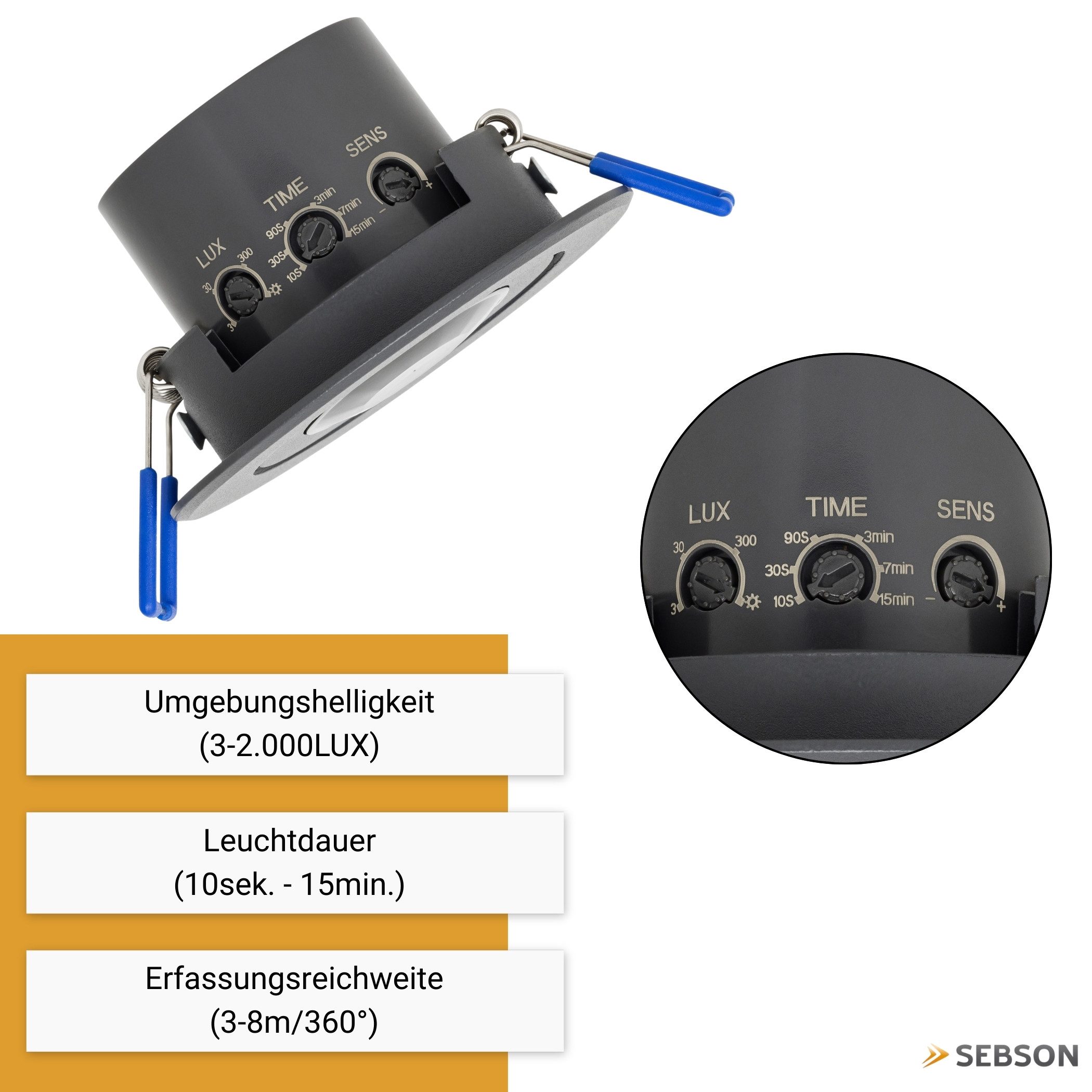 SEBSON Bewegungsmelder Infrarot Sensor Unterputz Decke - programmierbar Reichweite 8m 360°, (1-St), Einbauloch Ø65-75mm, LED geeignet 600W, IP20, 230V, 3 Draht – Bild 3 von 5