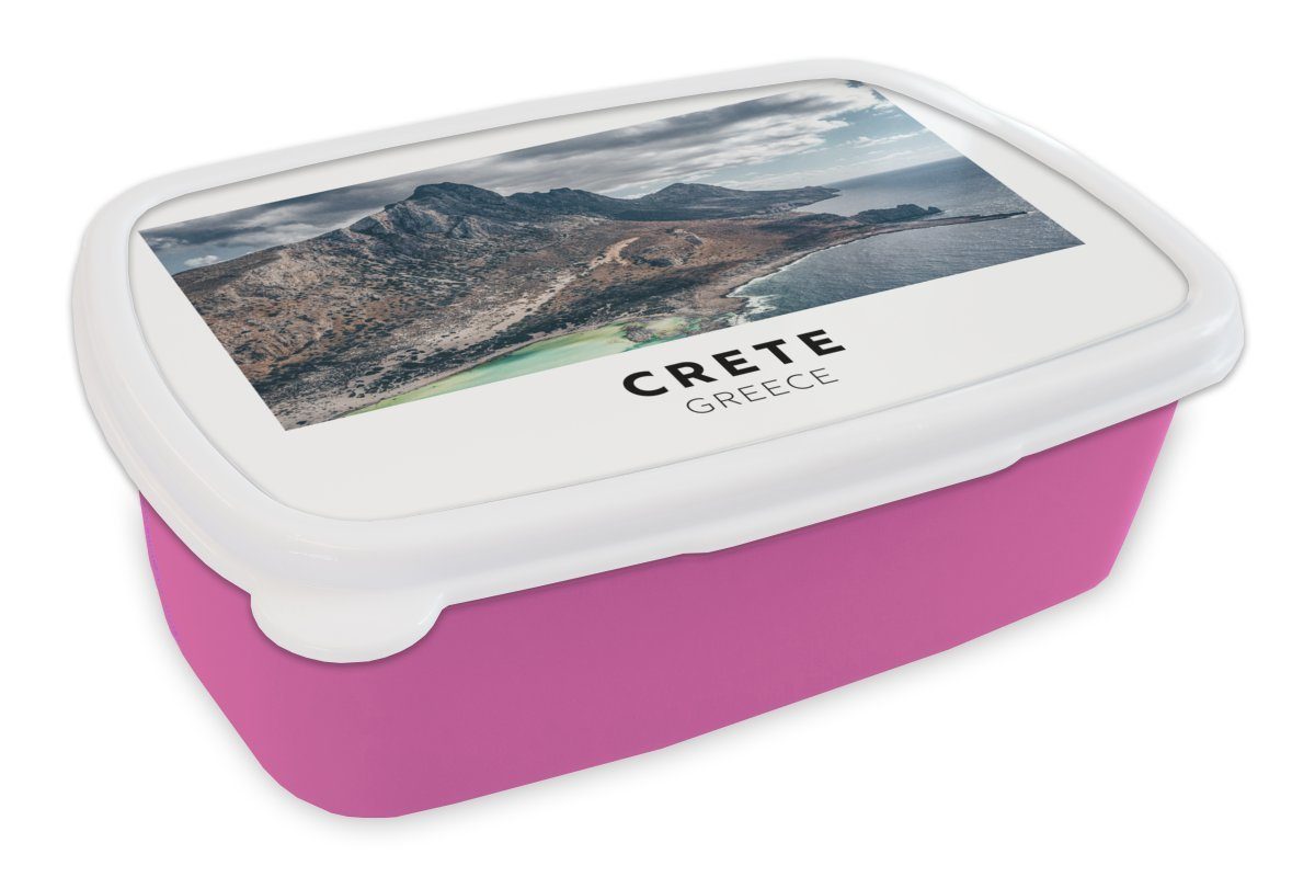 MuchoWow Lunchbox Griechenland - Kreta - Berge - Meer, Kunststoff, (2-tlg), Brotbox für Erwachsene, Brotdose Kinder, Snackbox, Mädchen, Kunststoff rosa