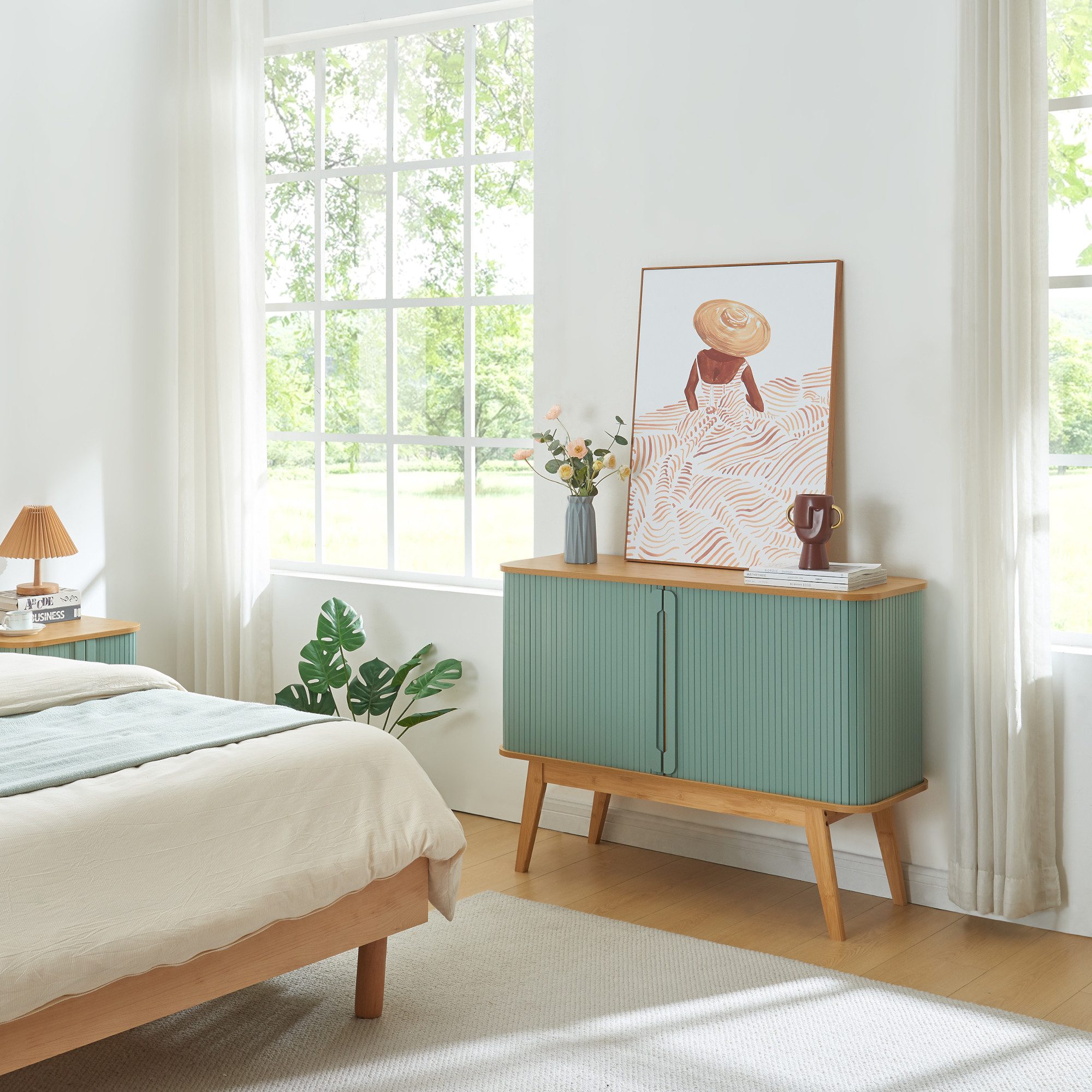 en.casa Kommode, »Tysvær« mit 2 Schiebetüren 110 x 40 x 80 cm Bambus/Blau